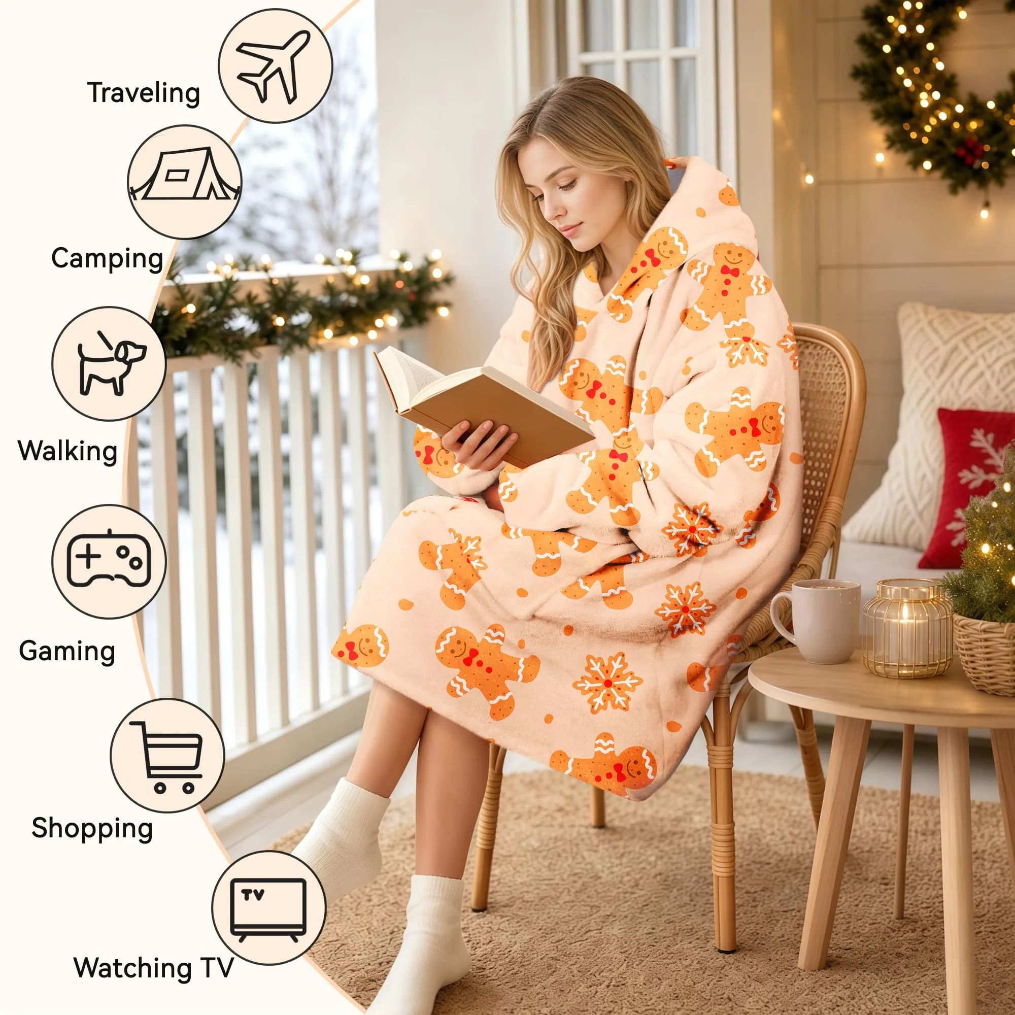 Queenshin Felpa Coperta con Cappuccio Oversize Omino di Pan di Zenzero di Natale Beige - immagine 6