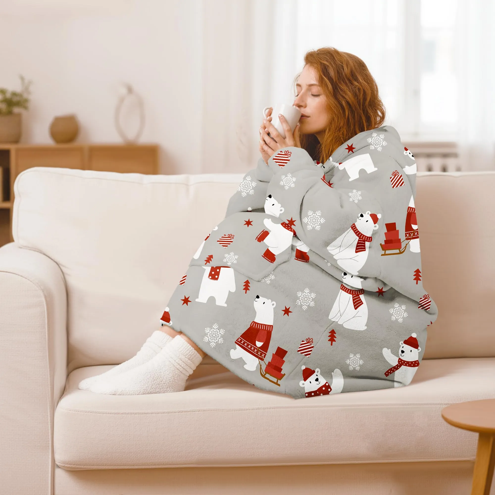 Queenshin Felpa Coperta con Cappuccio Oversize Orso Polare, Taglia Unica - immagine 2