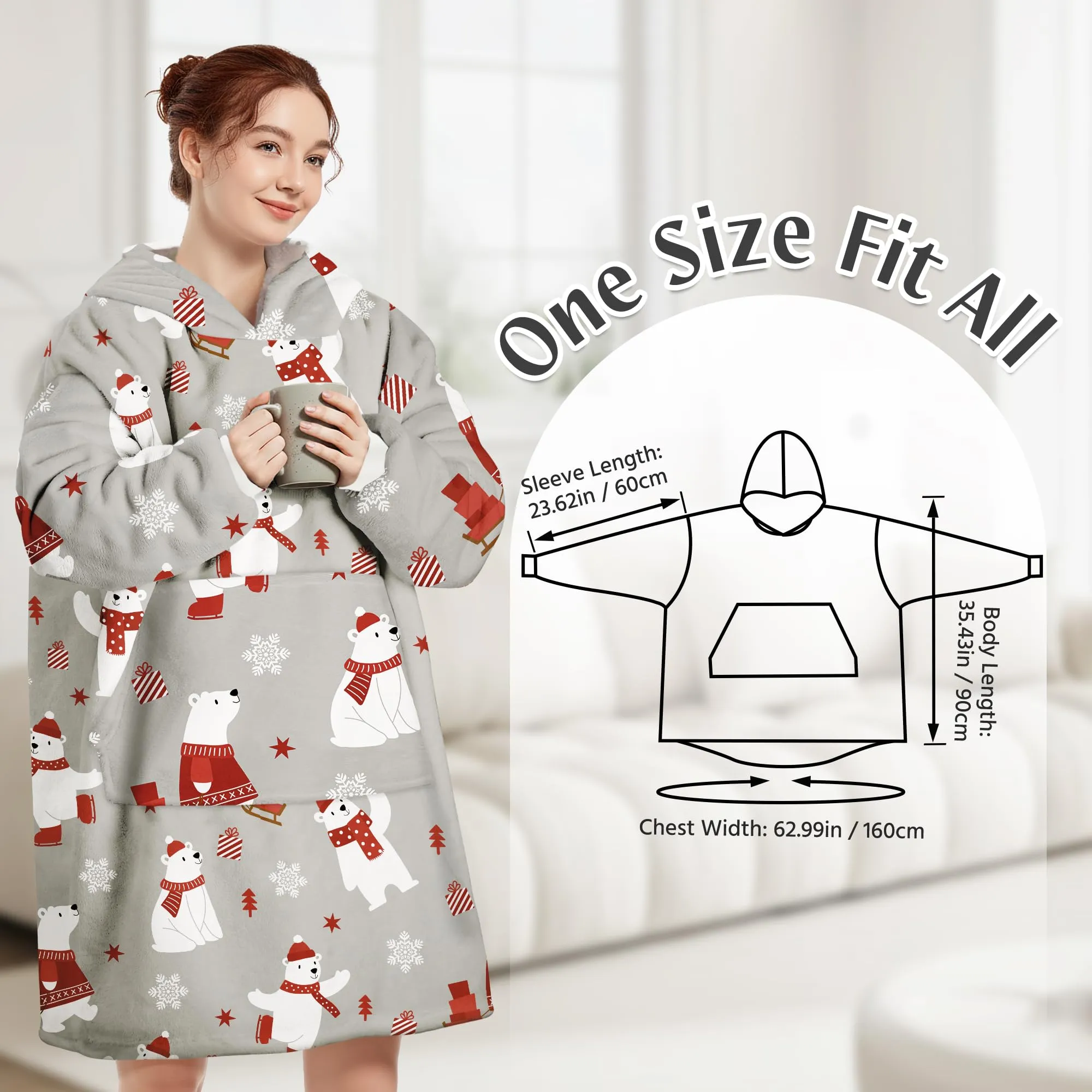 Queenshin Felpa Coperta con Cappuccio Oversize Orso Polare, Taglia Unica - immagine 3