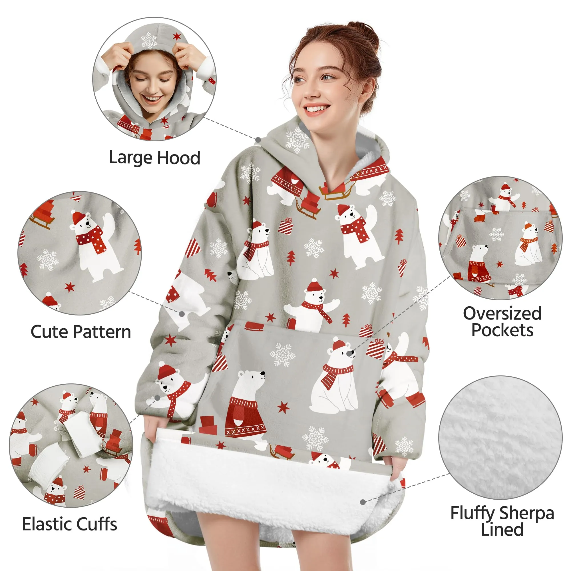 Queenshin Felpa Coperta con Cappuccio Oversize Orso Polare, Taglia Unica - immagine 4