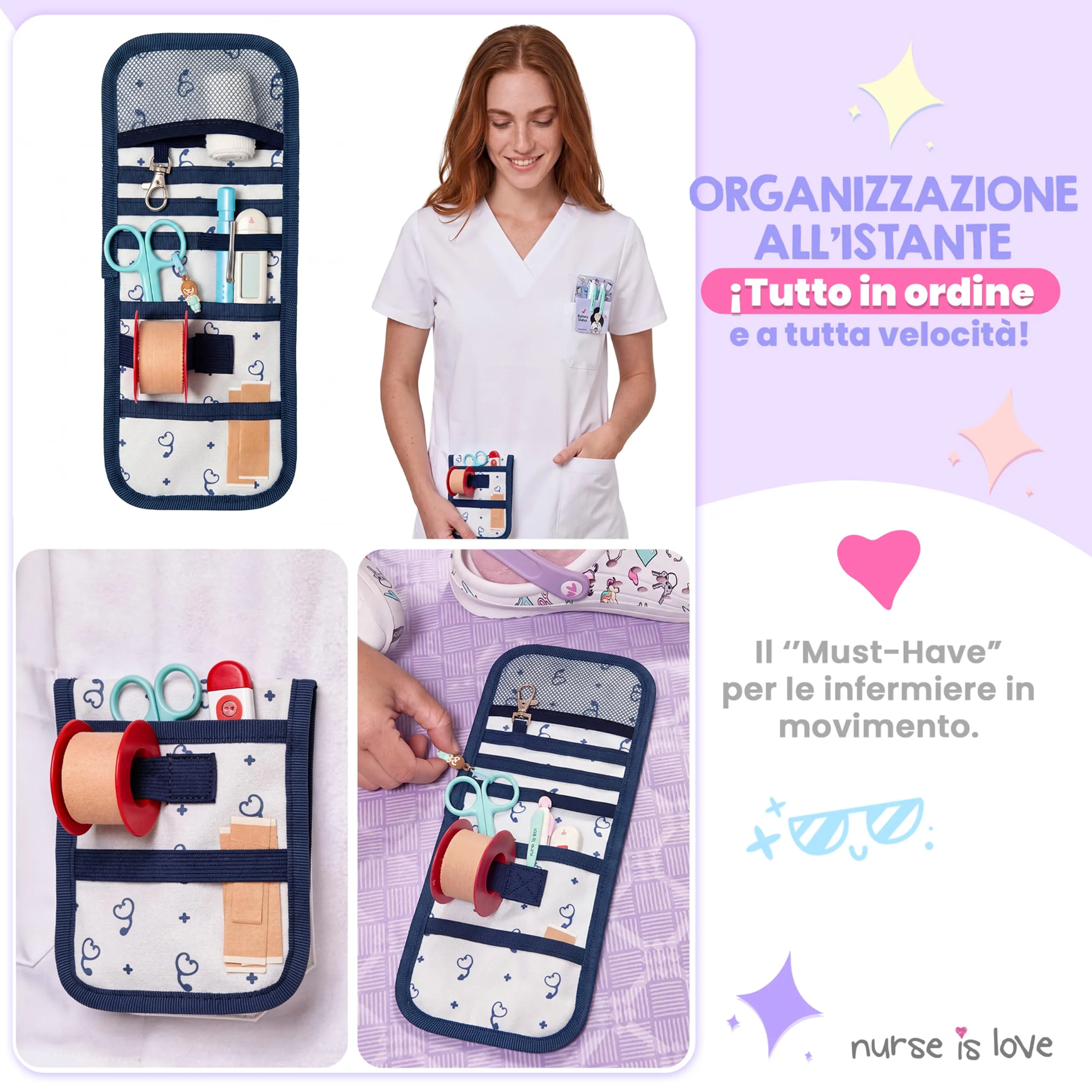 Nurse is Love Organizer da taschino magnetico per divisa sanitaria, Beige Stetoscopi - immagine 2