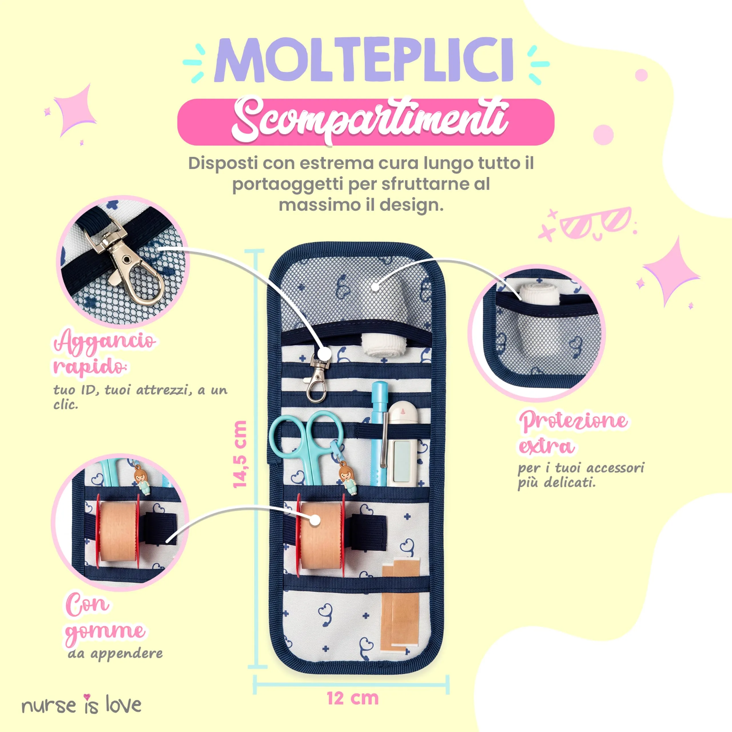 Nurse is Love Organizer da taschino magnetico per divisa sanitaria, Beige Stetoscopi - immagine 3
