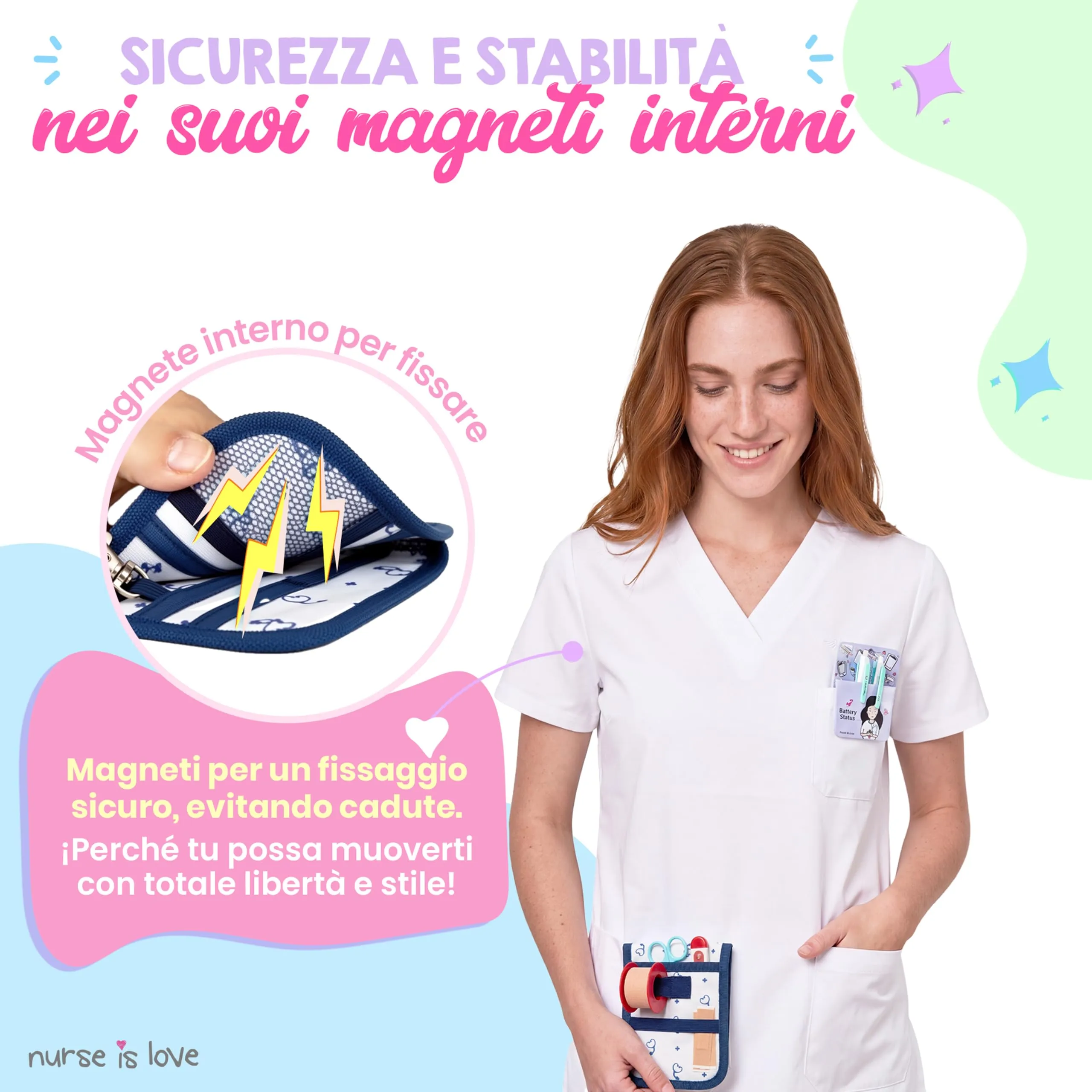 Nurse is Love Organizer da taschino magnetico per divisa sanitaria, Beige Stetoscopi - immagine 4