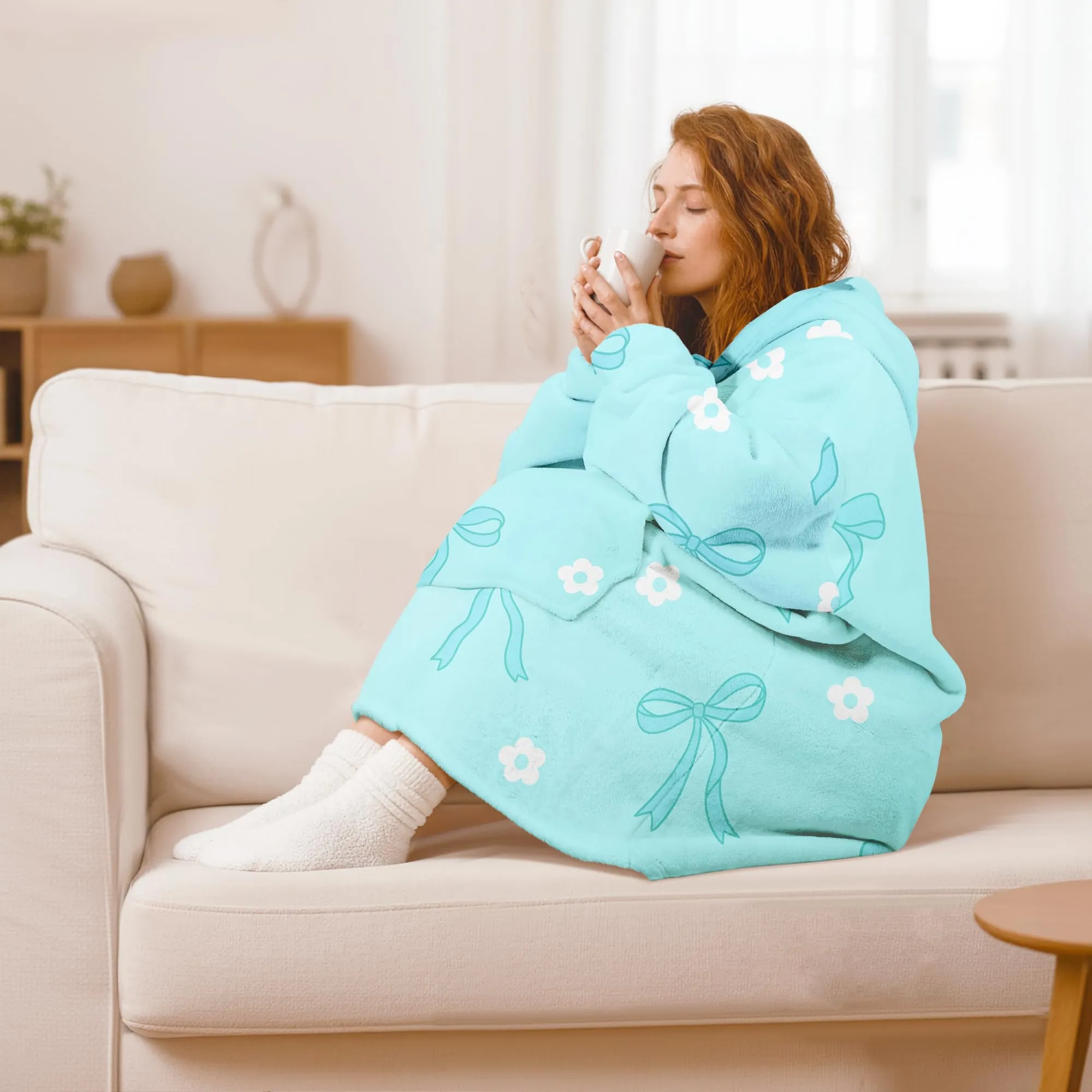 Queenshin Felpa Coperta con Cappuccio e Maniche Donna Fiocco Blu Oversize Hoodie - immagine 2