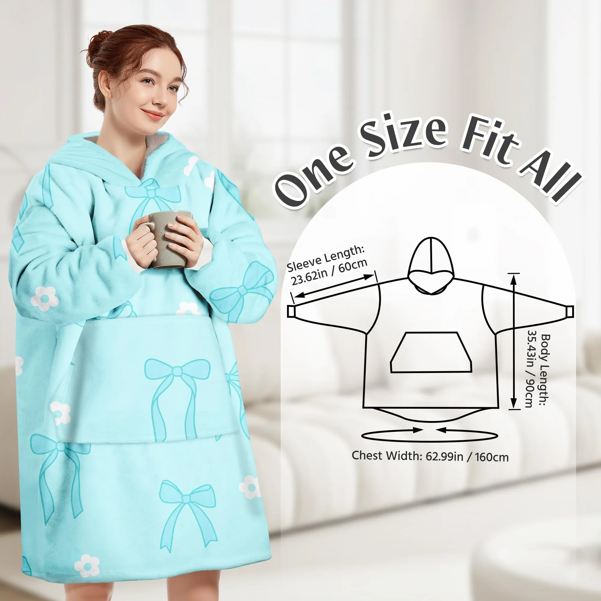 Queenshin Felpa Coperta con Cappuccio e Maniche Donna Fiocco Blu Oversize Hoodie - immagine 3
