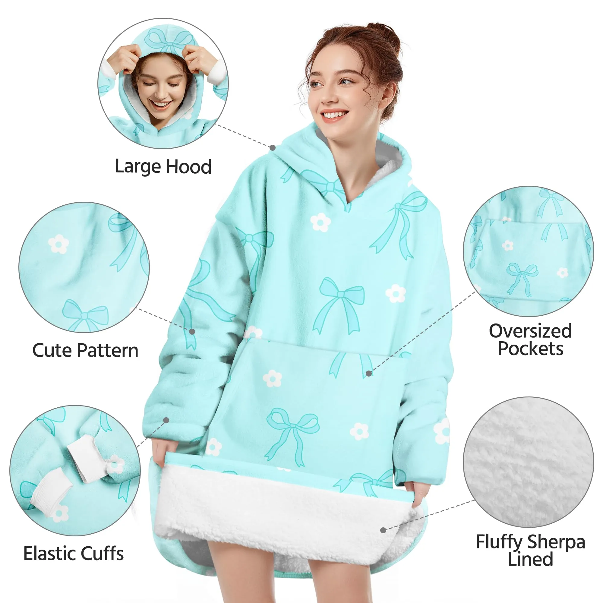 Queenshin Felpa Coperta con Cappuccio e Maniche Donna Fiocco Blu Oversize Hoodie - immagine 4