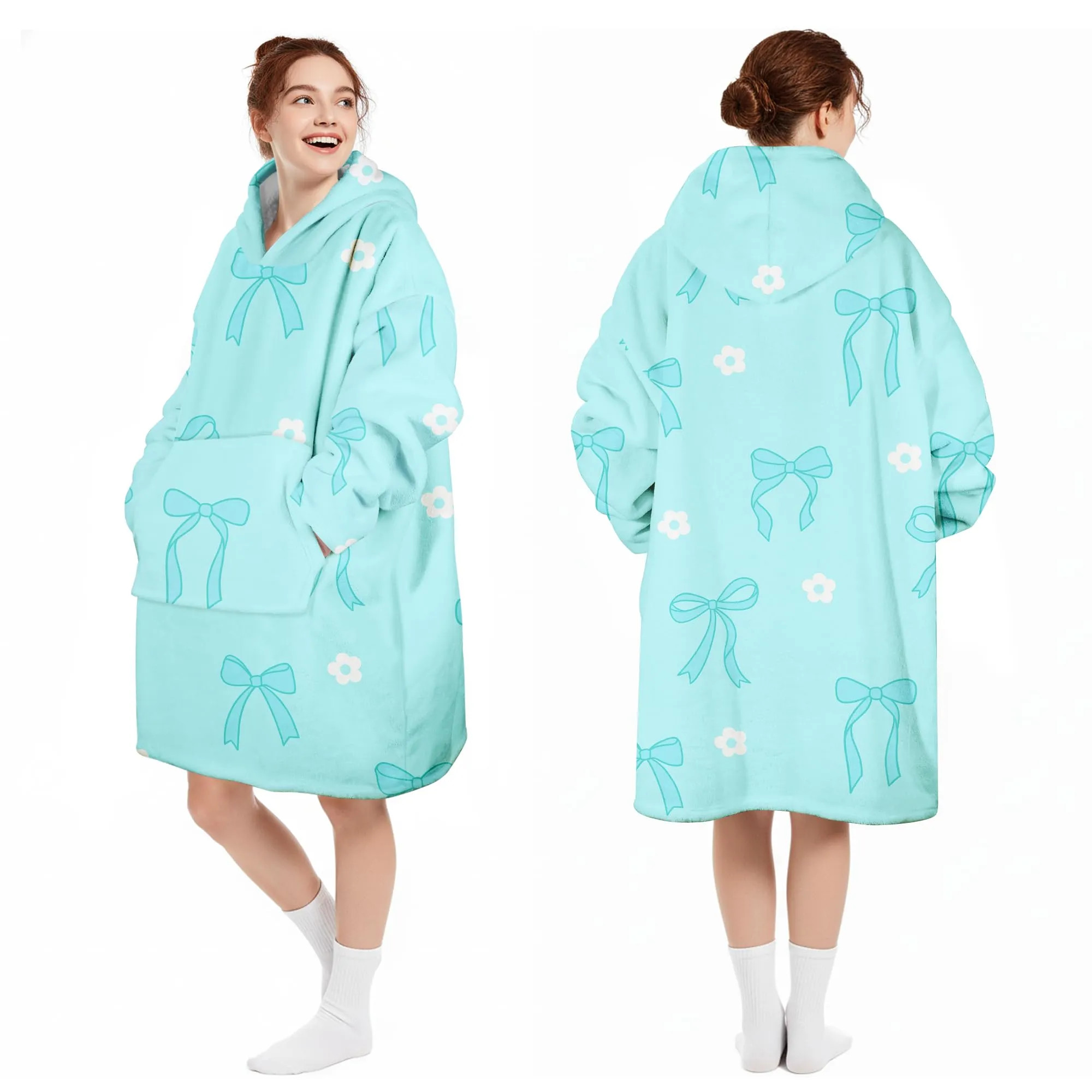 Queenshin Felpa Coperta con Cappuccio e Maniche Donna Fiocco Blu Oversize Hoodie - immagine 5