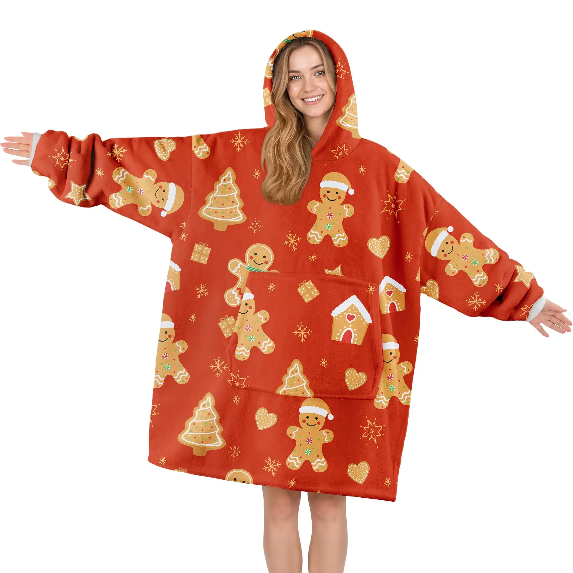 Queenshin Felpa Coperta con Cappuccio Oversize Omino di Pan di Zenzero Rosso Natale Taglia Unica - immagine 1