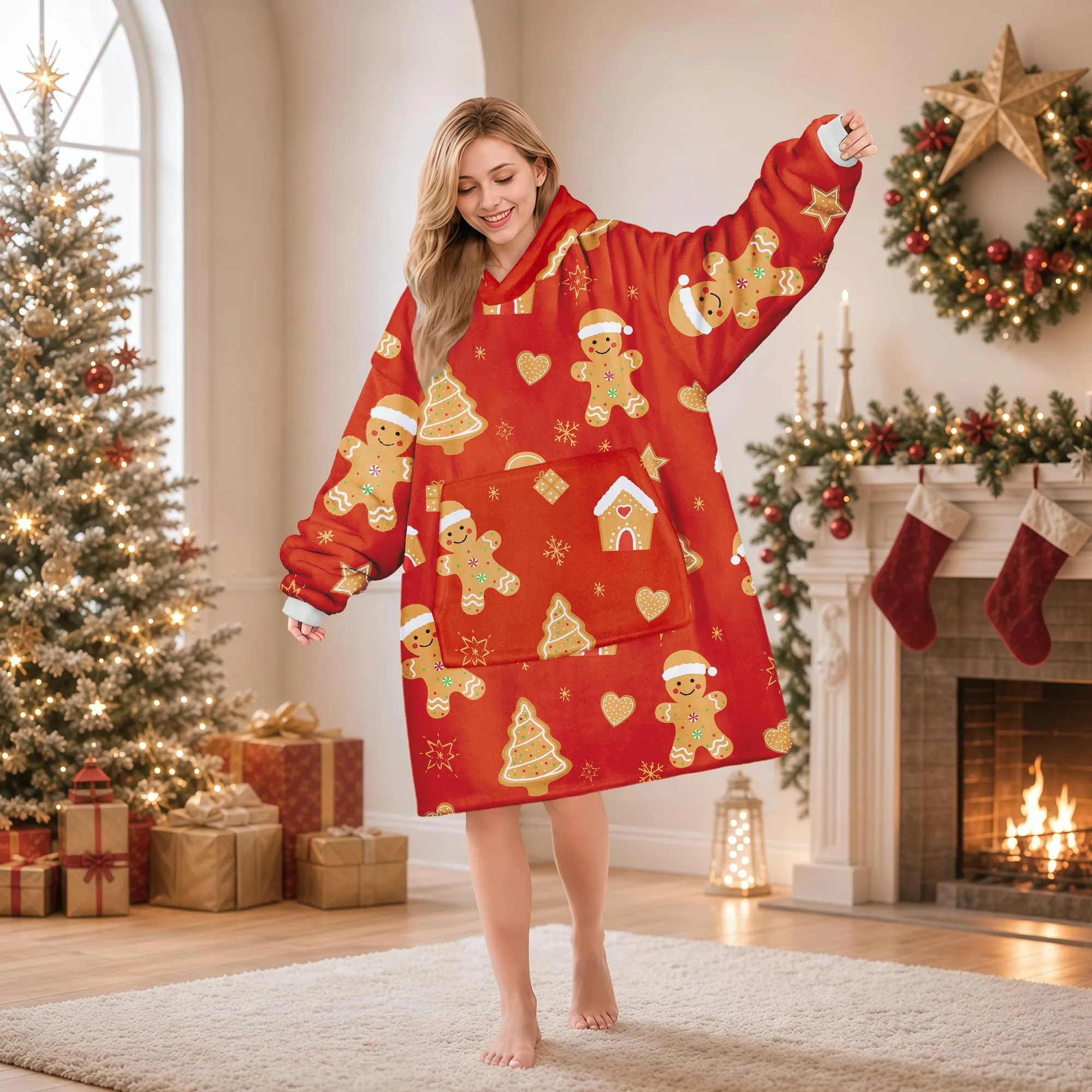 Queenshin Felpa Coperta con Cappuccio Oversize Omino di Pan di Zenzero Rosso Natale Taglia Unica - immagine 2