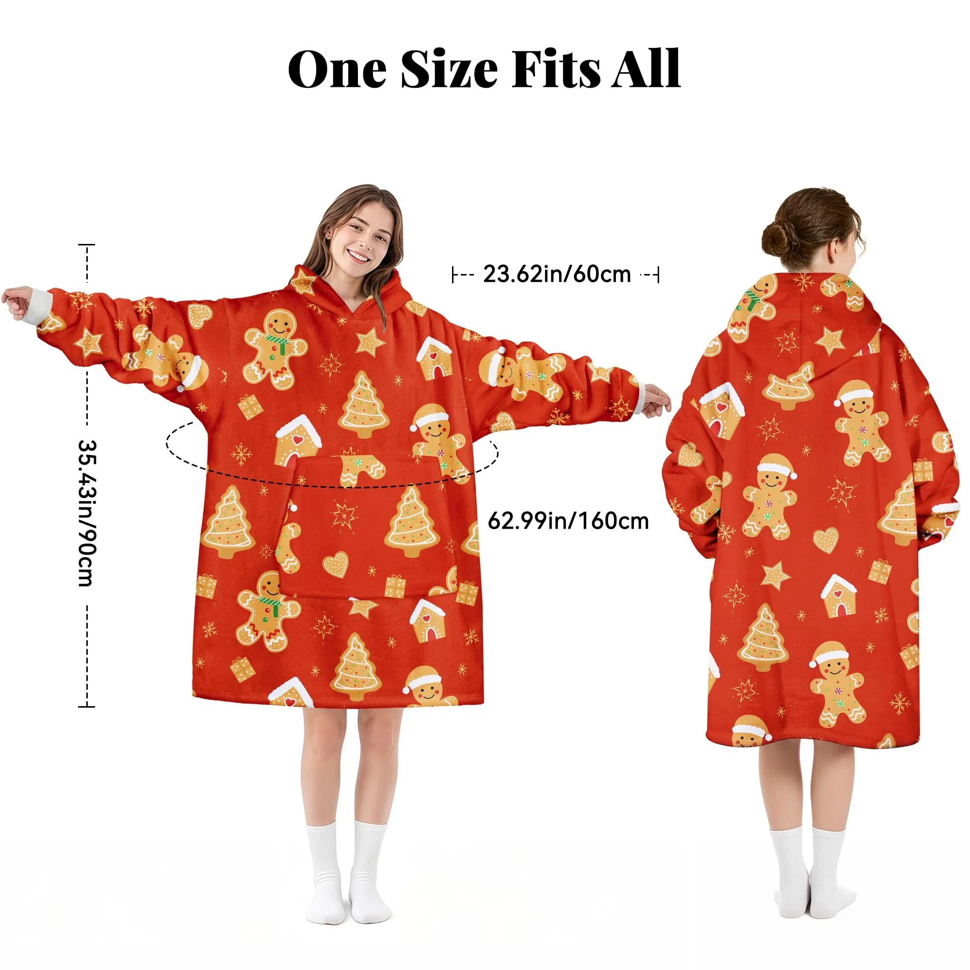 Queenshin Felpa Coperta con Cappuccio Oversize Omino di Pan di Zenzero Rosso Natale Taglia Unica - immagine 4