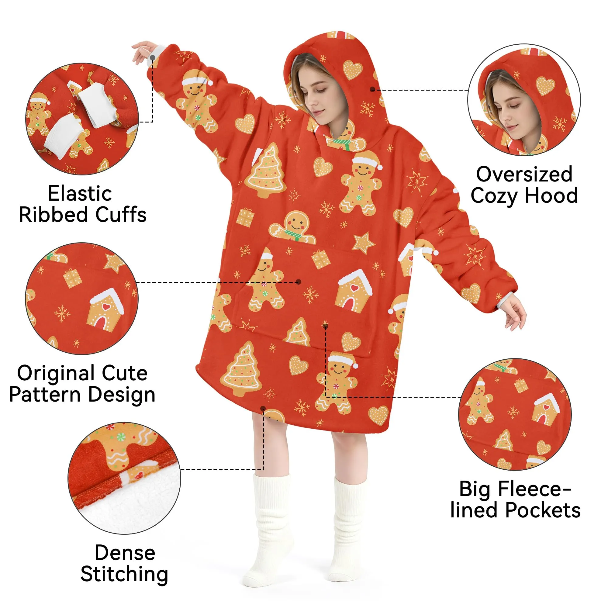 Queenshin Felpa Coperta con Cappuccio Oversize Omino di Pan di Zenzero Rosso Natale Taglia Unica - immagine 5