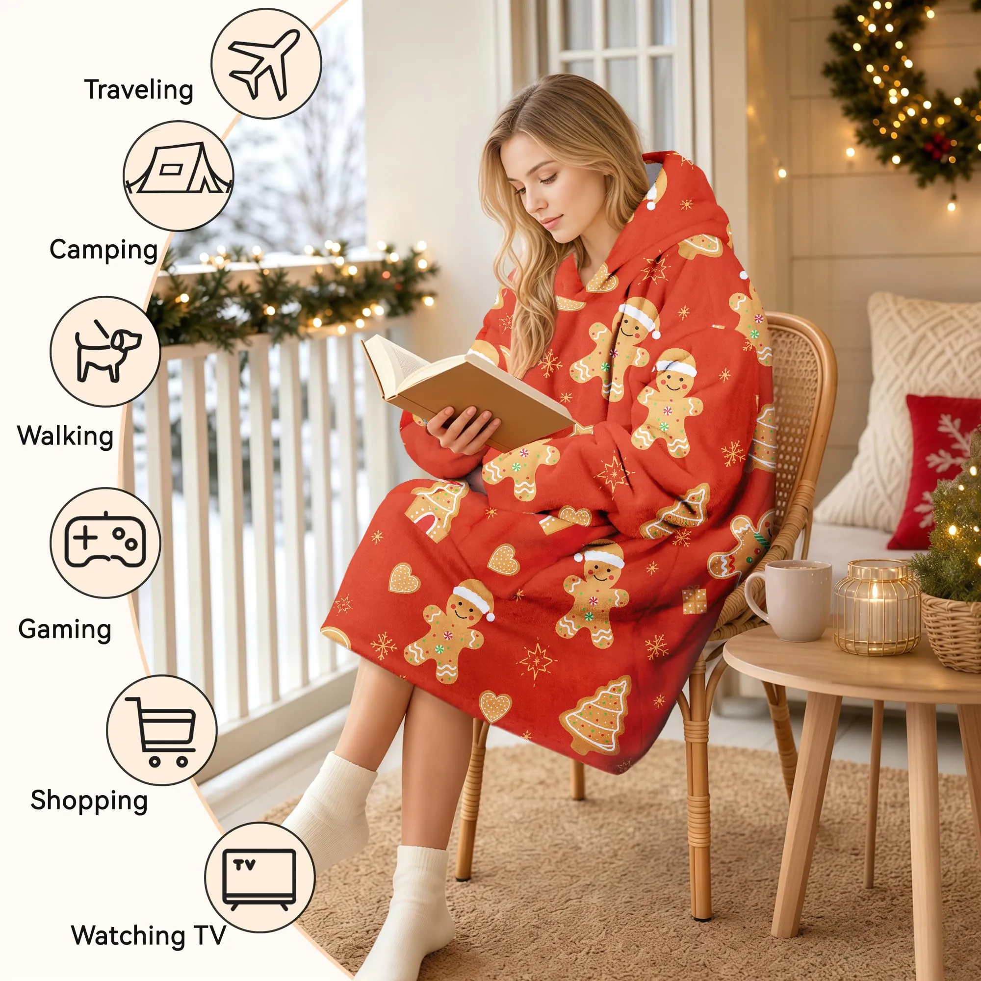 Queenshin Felpa Coperta con Cappuccio Oversize Omino di Pan di Zenzero Rosso Natale Taglia Unica - immagine 6
