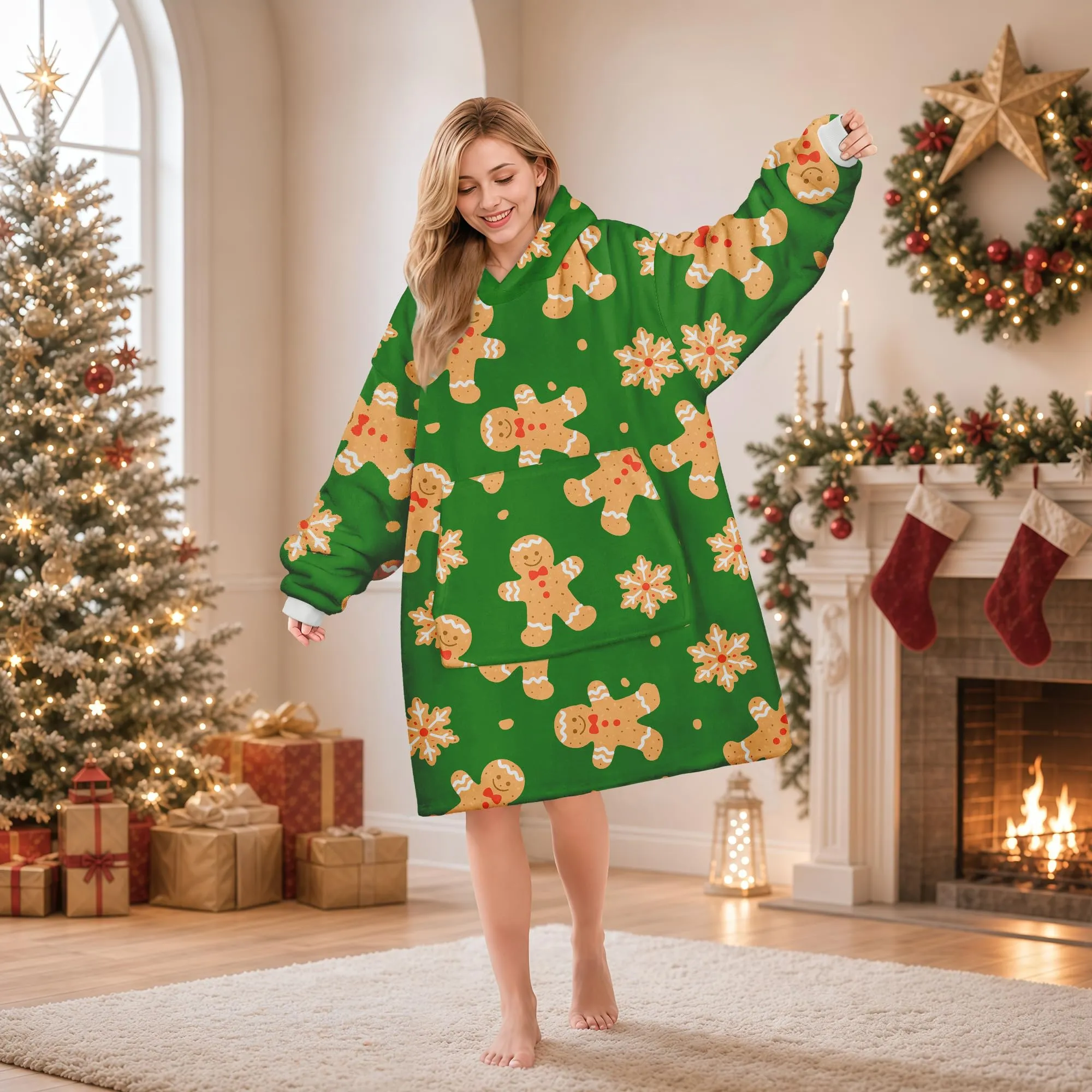 Queenshin Felpa Coperta con Cappuccio Oversize Verde Natale Omino di Pan di Zenzero, Taglia Unica - immagine 2