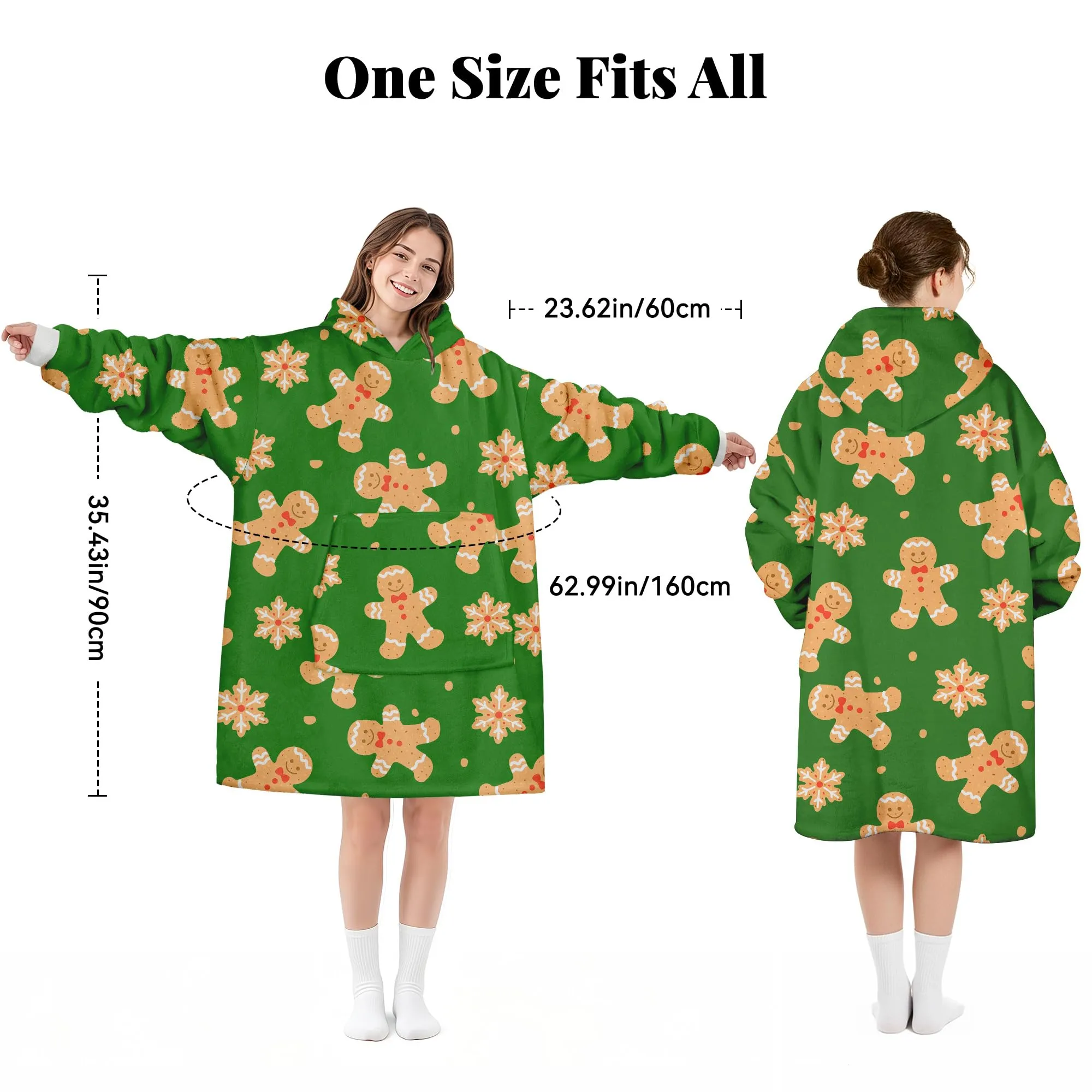 Queenshin Felpa Coperta con Cappuccio Oversize Verde Natale Omino di Pan di Zenzero, Taglia Unica - immagine 4