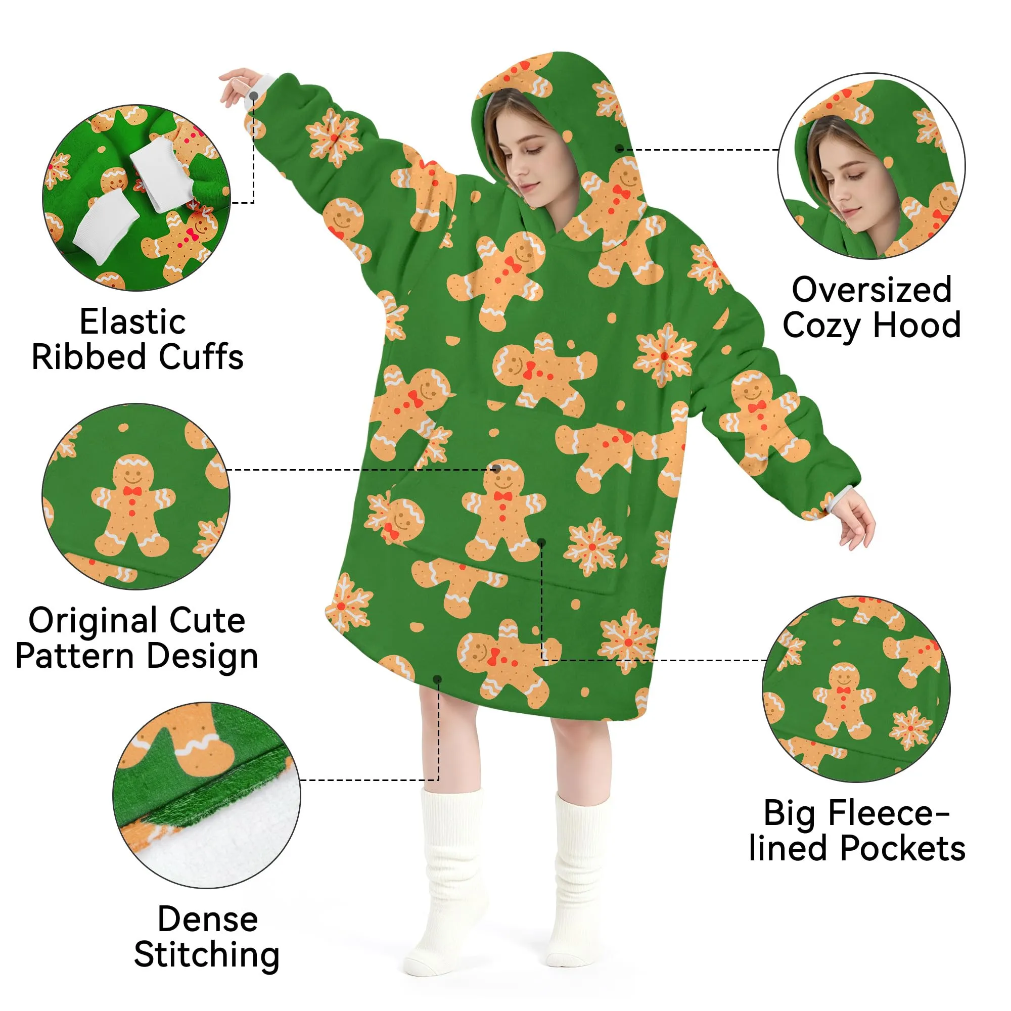 Queenshin Felpa Coperta con Cappuccio Oversize Verde Natale Omino di Pan di Zenzero, Taglia Unica - immagine 5