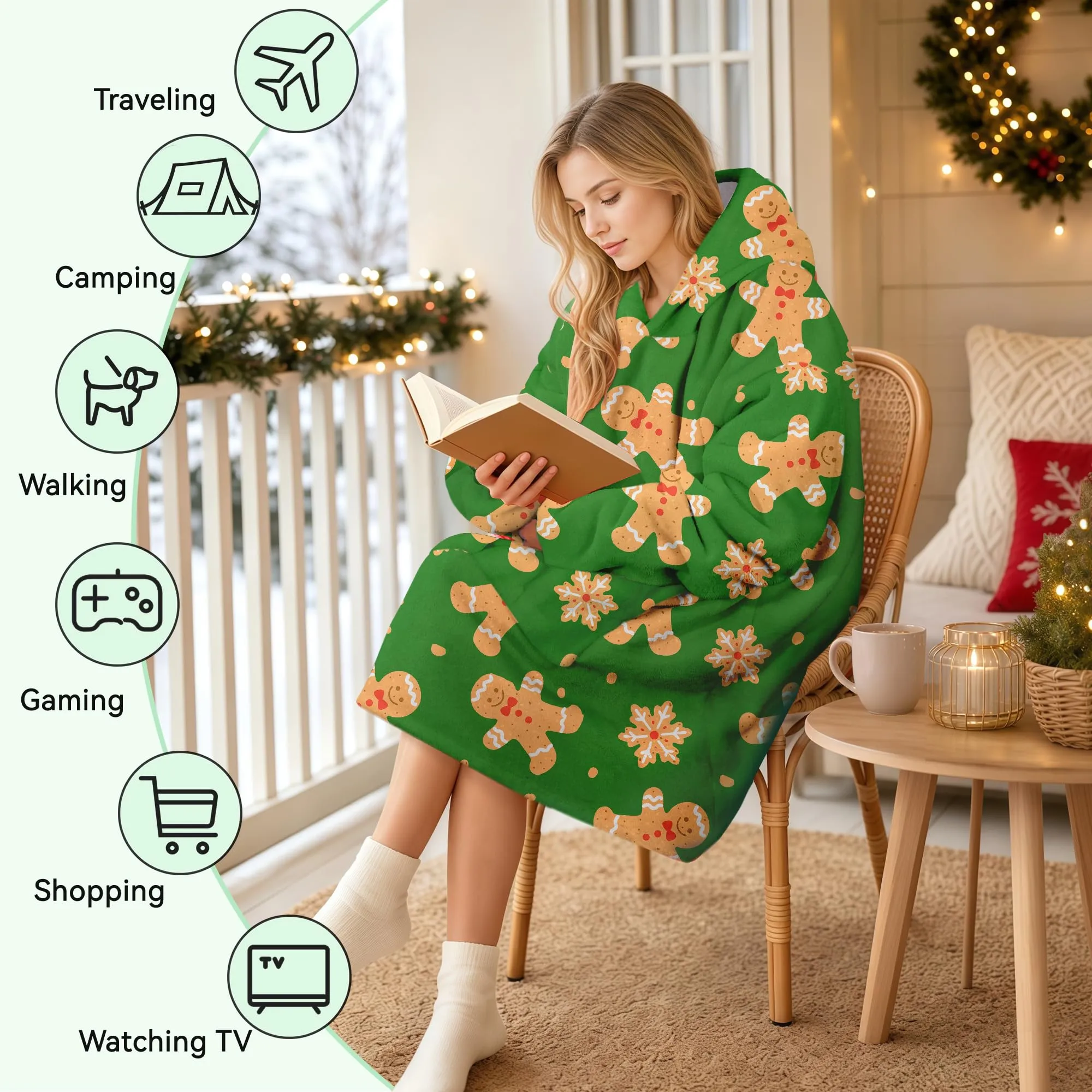Queenshin Felpa Coperta con Cappuccio Oversize Verde Natale Omino di Pan di Zenzero, Taglia Unica - immagine 6