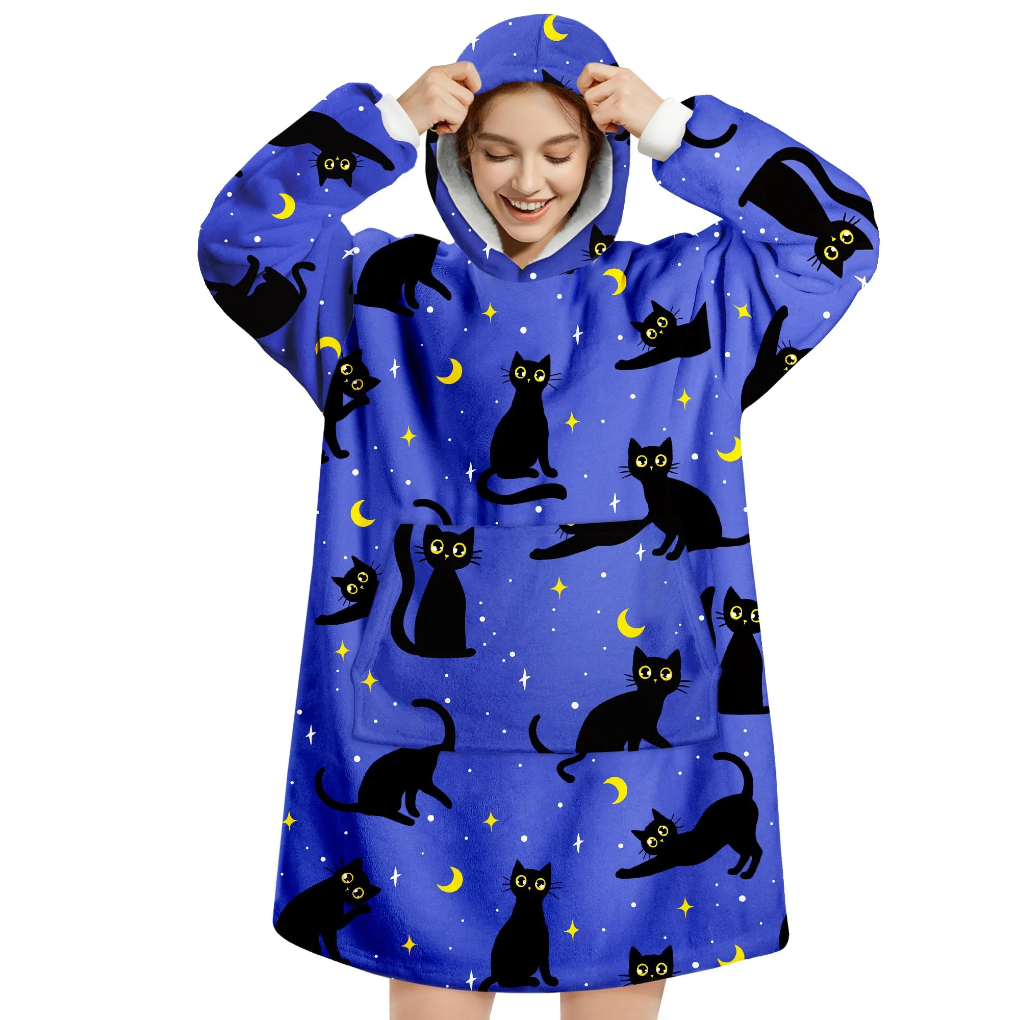 Queenshin Felpa Coperta con Cappuccio e Maniche Oversize Gatto Nero, Taglia Unica - immagine 1