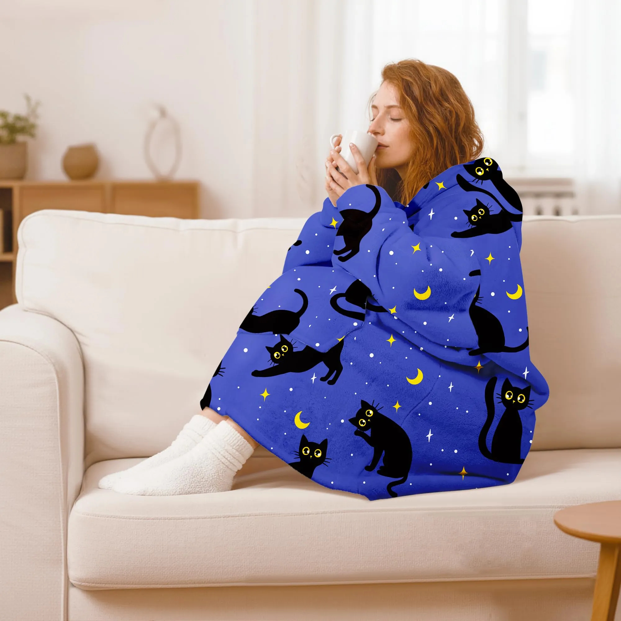 Queenshin Felpa Coperta con Cappuccio e Maniche Oversize Gatto Nero, Taglia Unica - immagine 2
