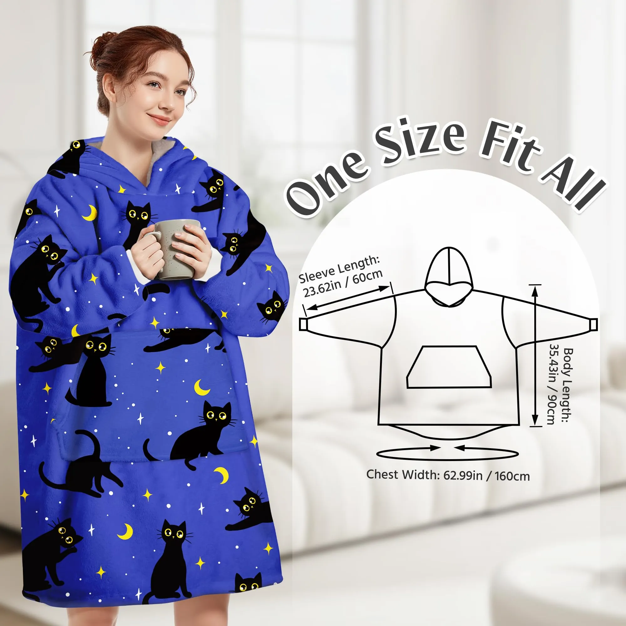 Queenshin Felpa Coperta con Cappuccio e Maniche Oversize Gatto Nero, Taglia Unica - immagine 3