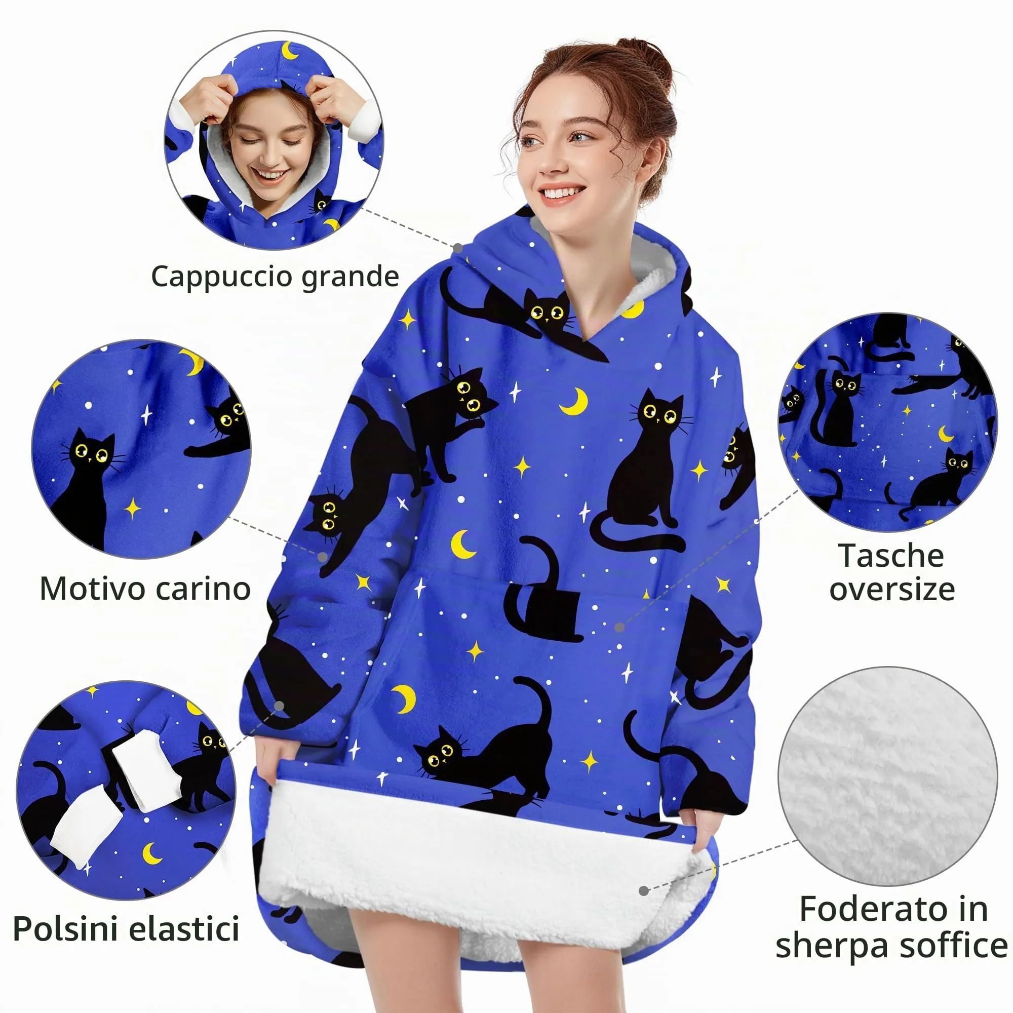 Queenshin Felpa Coperta con Cappuccio e Maniche Oversize Gatto Nero, Taglia Unica - immagine 4