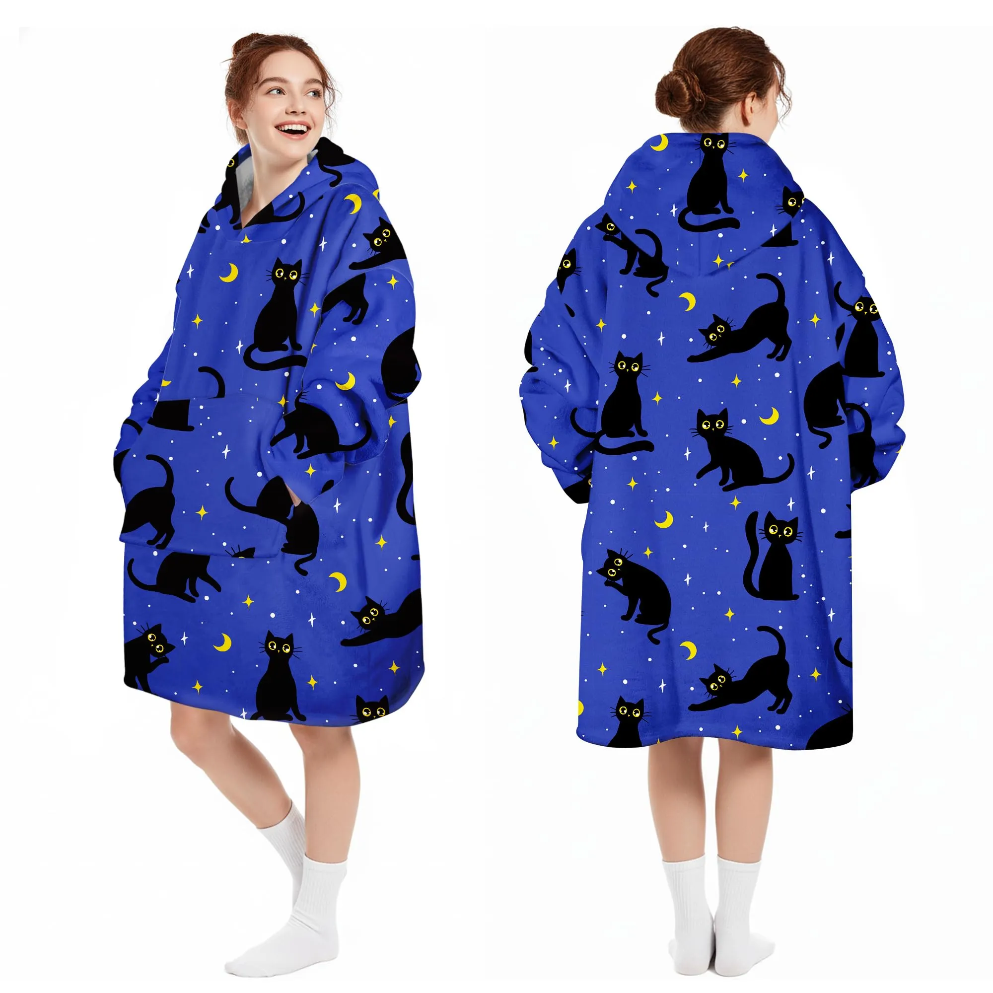 Queenshin Felpa Coperta con Cappuccio e Maniche Oversize Gatto Nero, Taglia Unica - immagine 5