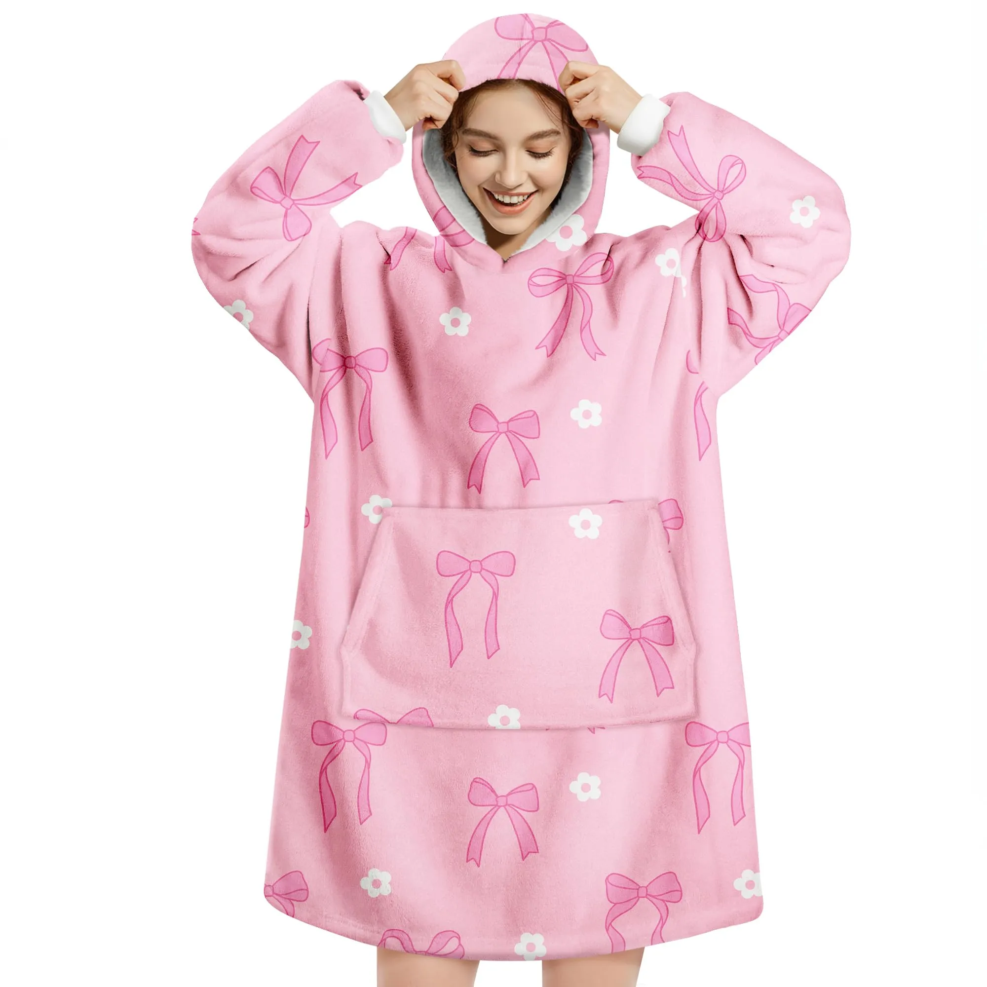 Queenshin Felpa Coperta con Cappuccio e Maniche Donna, Stampa Fiocco Rosa, Oversize, Taglia Unica - immagine 1