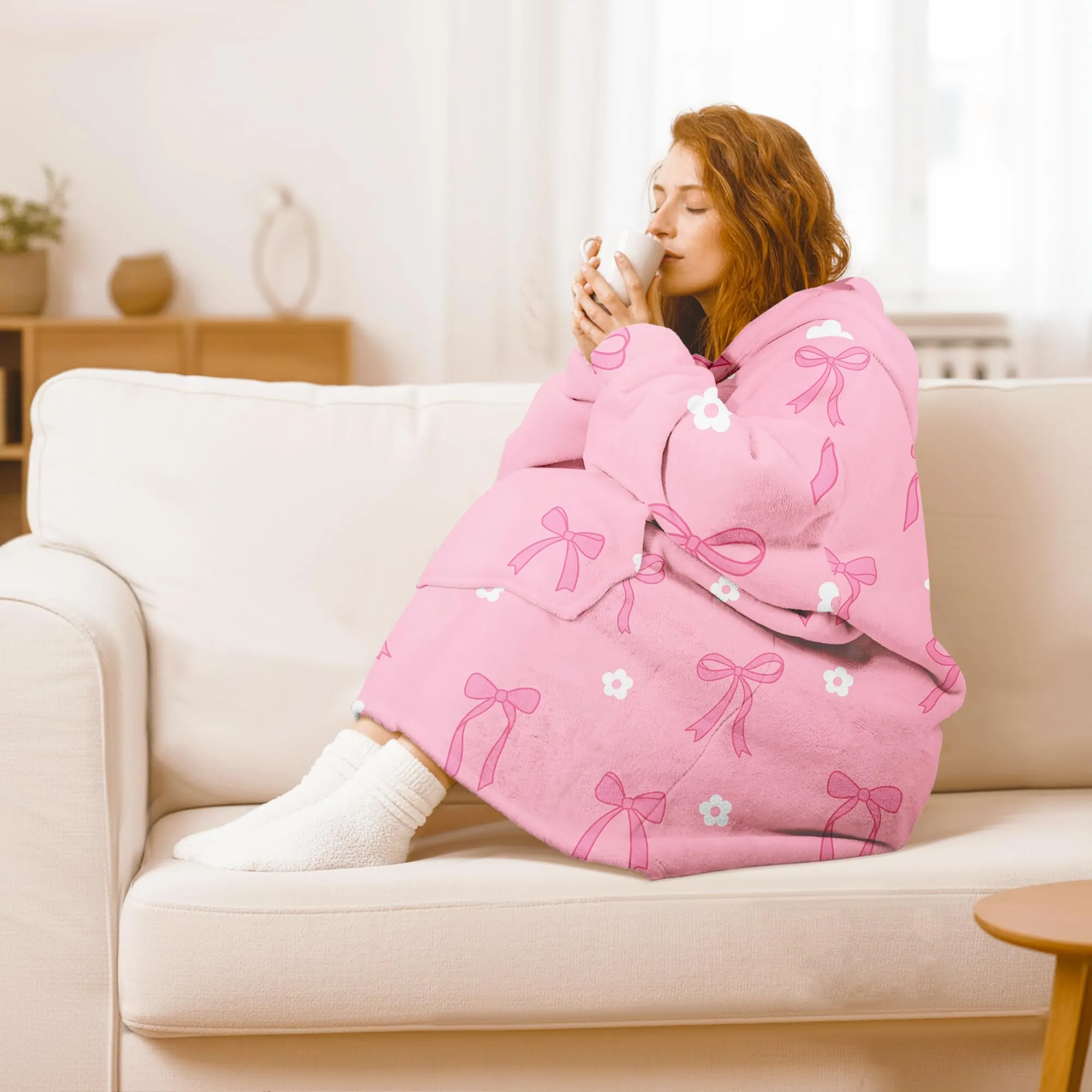 Queenshin Felpa Coperta con Cappuccio e Maniche Donna, Stampa Fiocco Rosa, Oversize, Taglia Unica - immagine 2