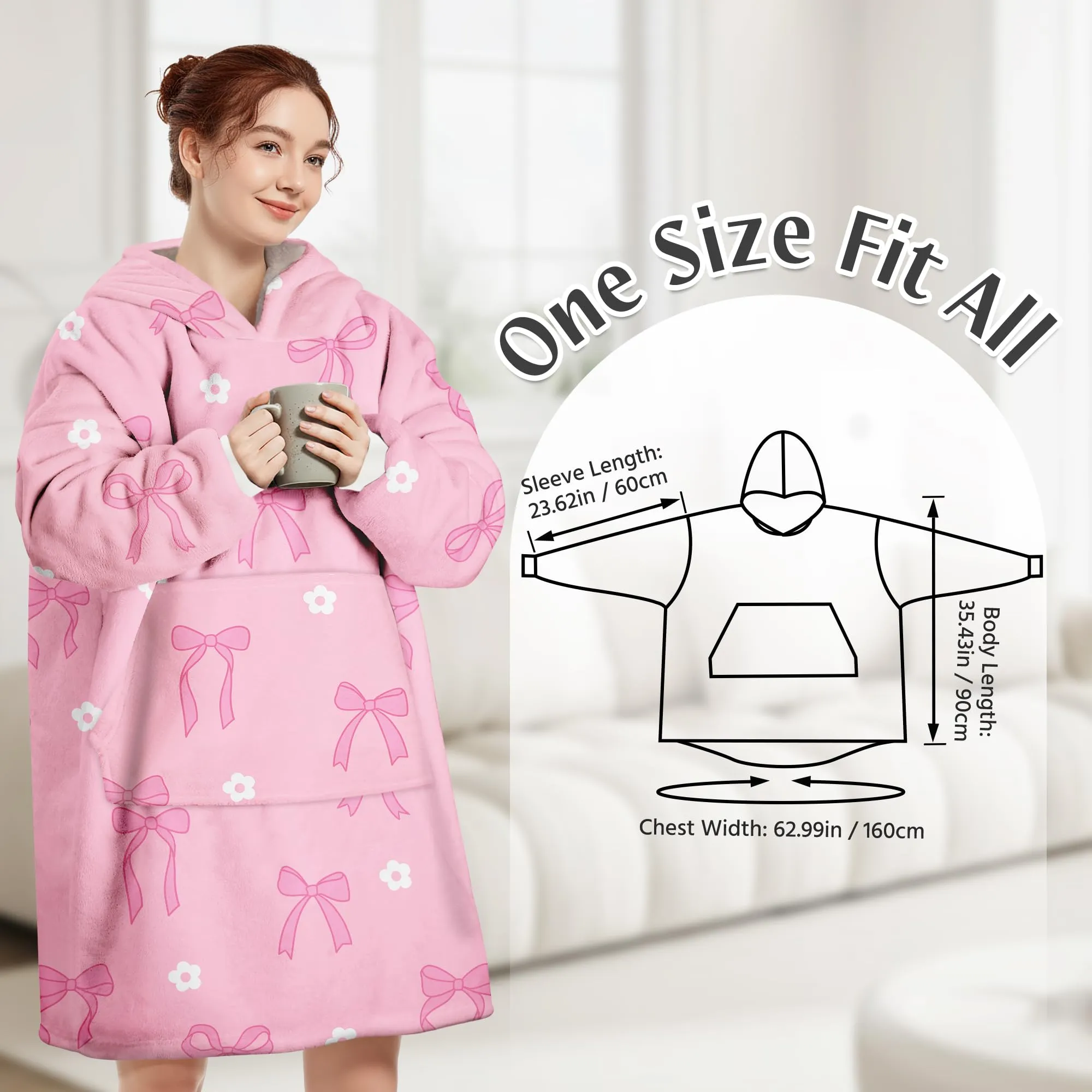 Queenshin Felpa Coperta con Cappuccio e Maniche Donna, Stampa Fiocco Rosa, Oversize, Taglia Unica - immagine 3