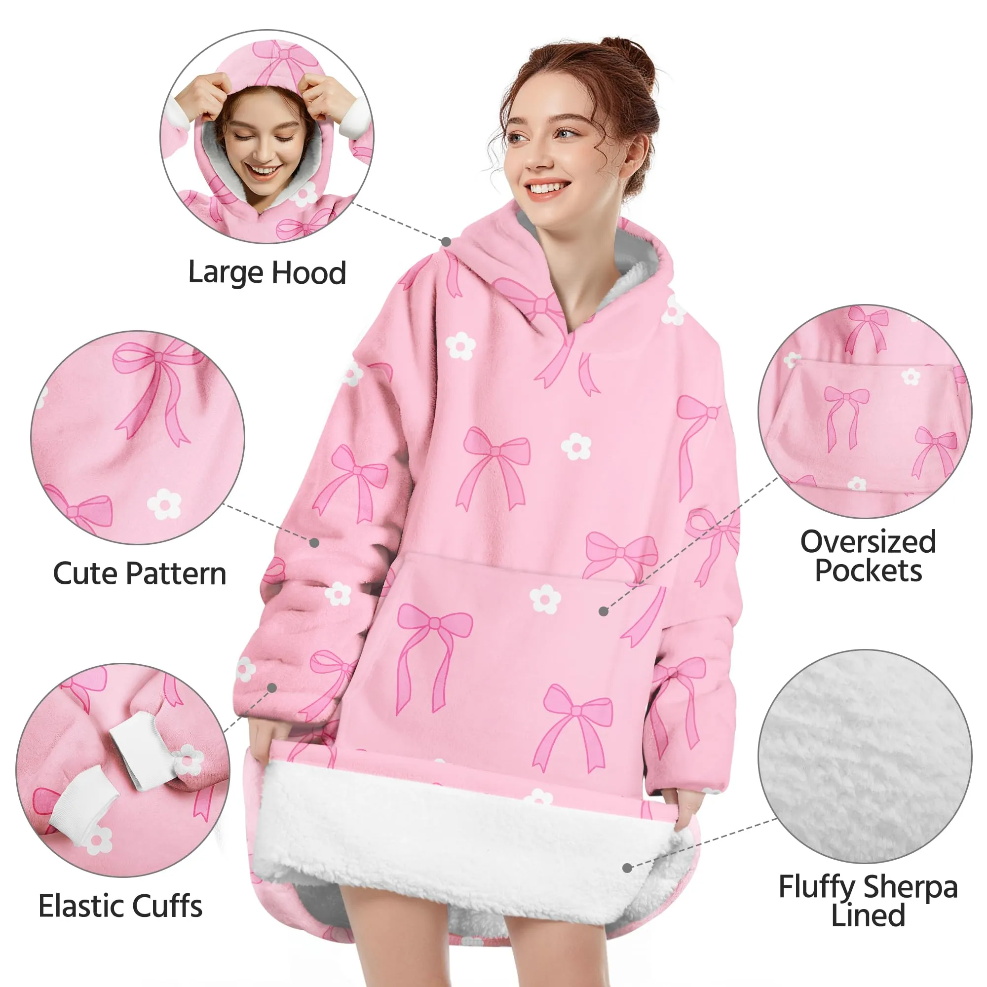 Queenshin Felpa Coperta con Cappuccio e Maniche Donna, Stampa Fiocco Rosa, Oversize, Taglia Unica - immagine 4