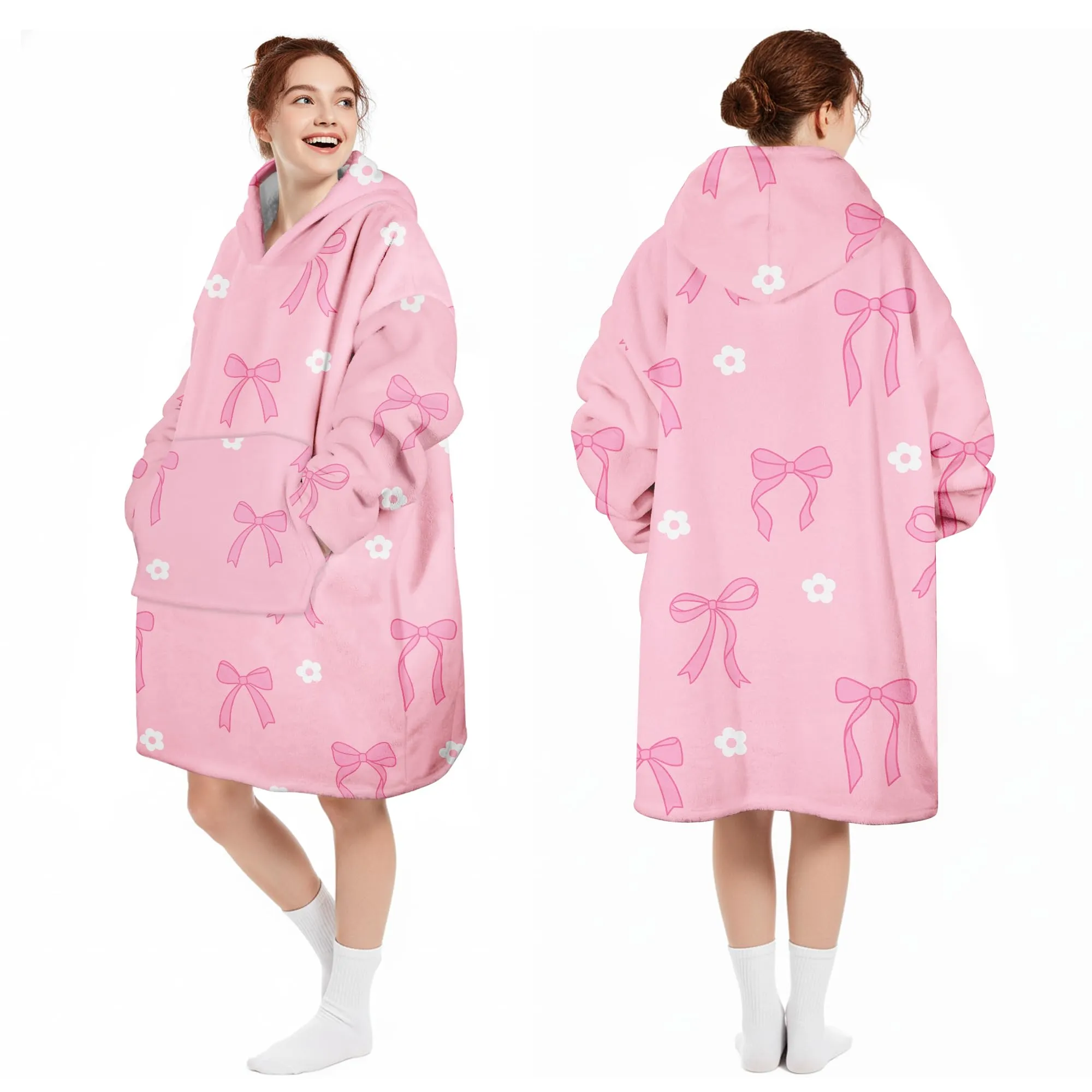 Queenshin Felpa Coperta con Cappuccio e Maniche Donna, Stampa Fiocco Rosa, Oversize, Taglia Unica - immagine 5