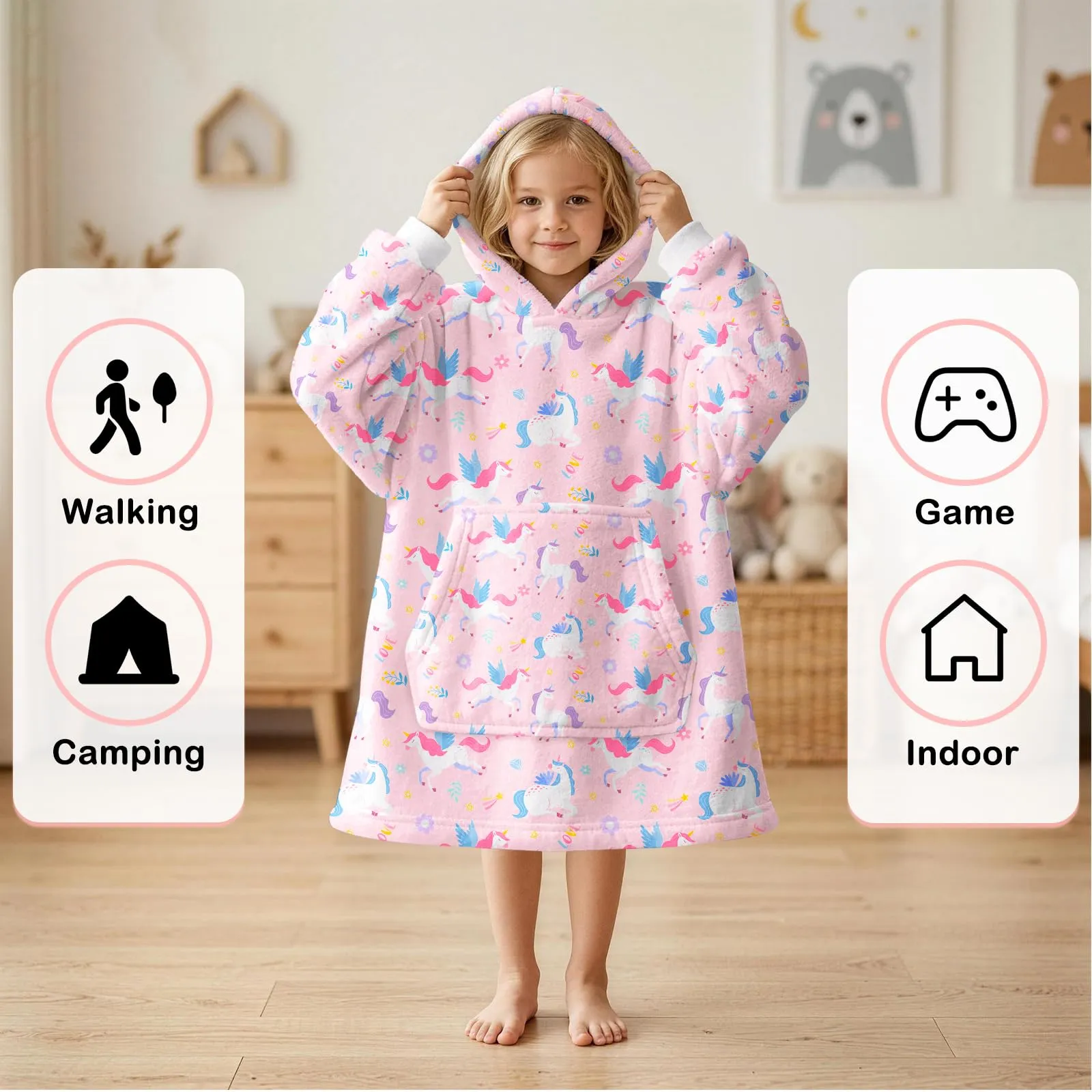 Queenshin Felpa Coperta con Cappuccio Unicorno Rosa Oversize per Bambini - immagine 3