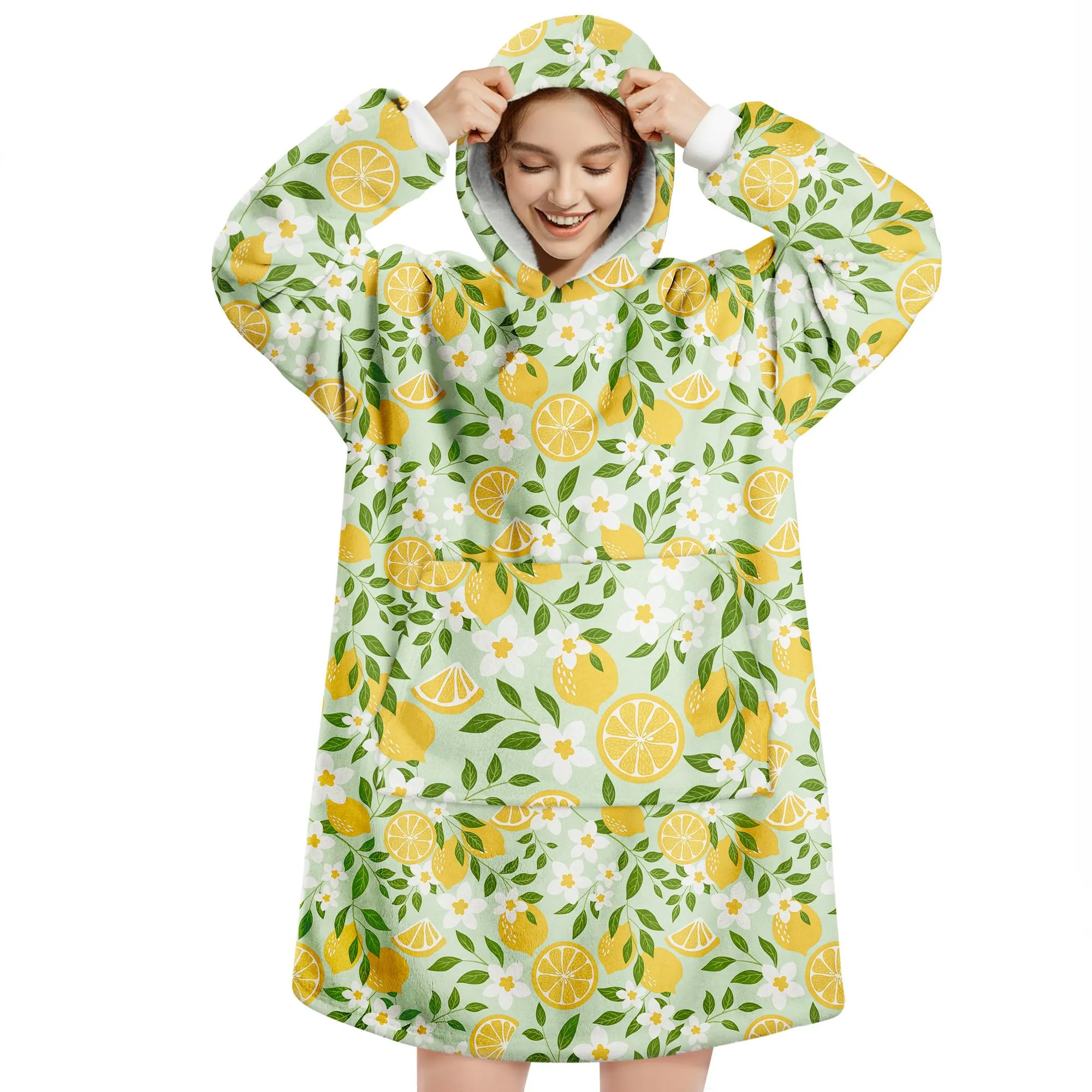 Queenshin Felpa Coperta con Cappuccio e Maniche Donna Oversize Stampa Frutta e Foglie - immagine 1