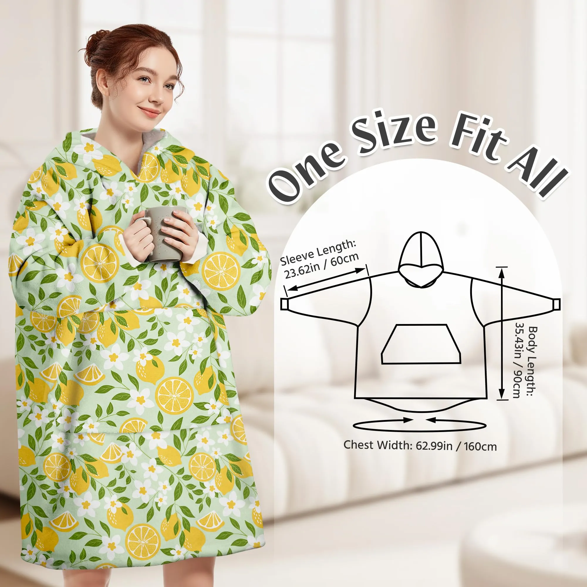 Queenshin Felpa Coperta con Cappuccio e Maniche Donna Oversize Stampa Frutta e Foglie - immagine 3