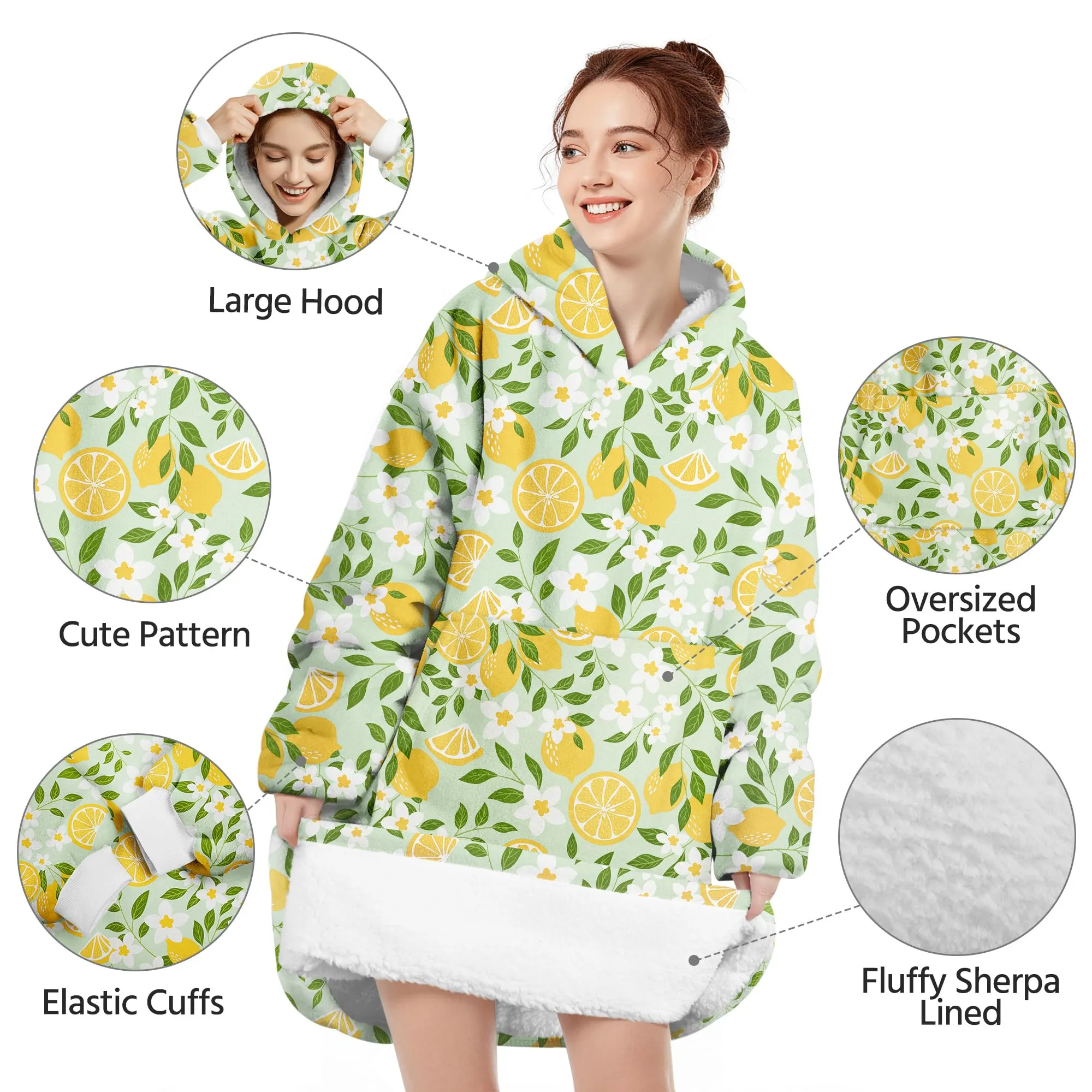 Queenshin Felpa Coperta con Cappuccio e Maniche Donna Oversize Stampa Frutta e Foglie - immagine 4