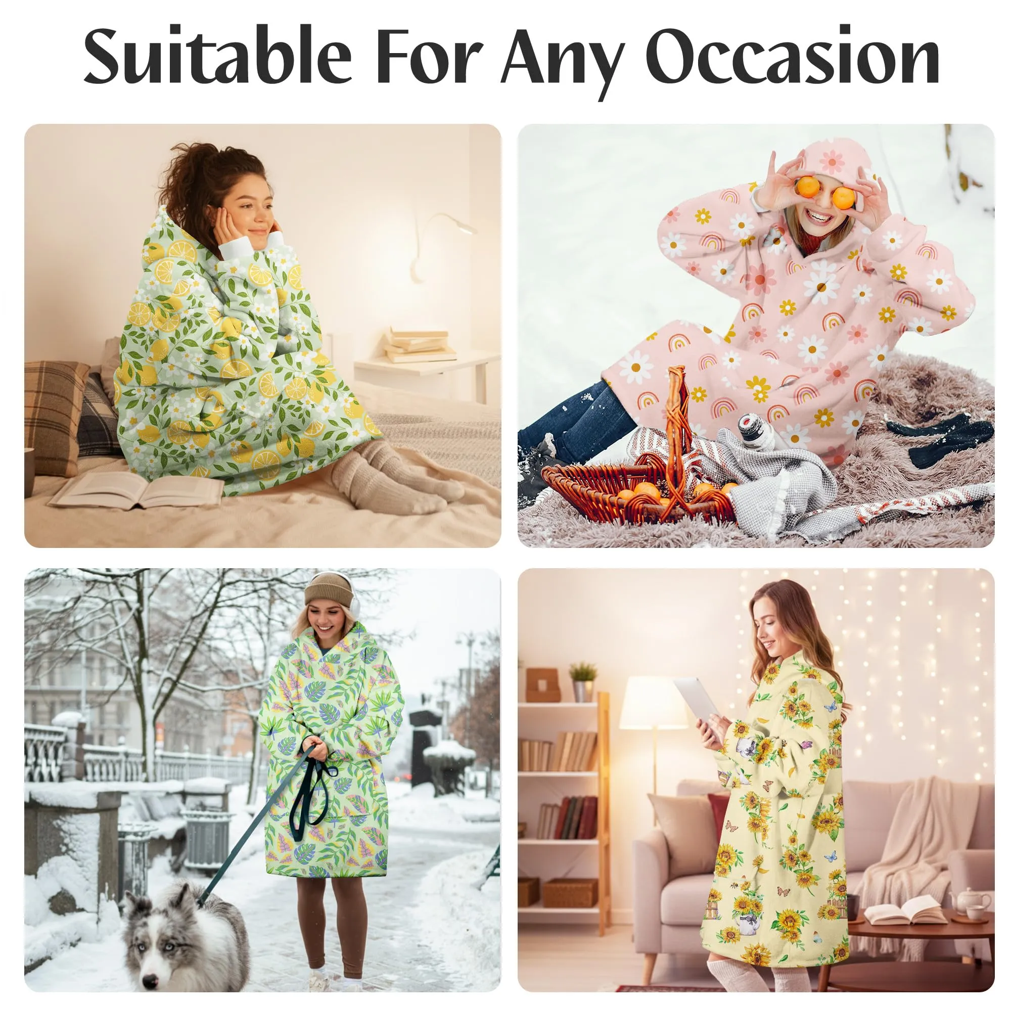Queenshin Felpa Coperta con Cappuccio e Maniche Donna Oversize Stampa Frutta e Foglie - immagine 6