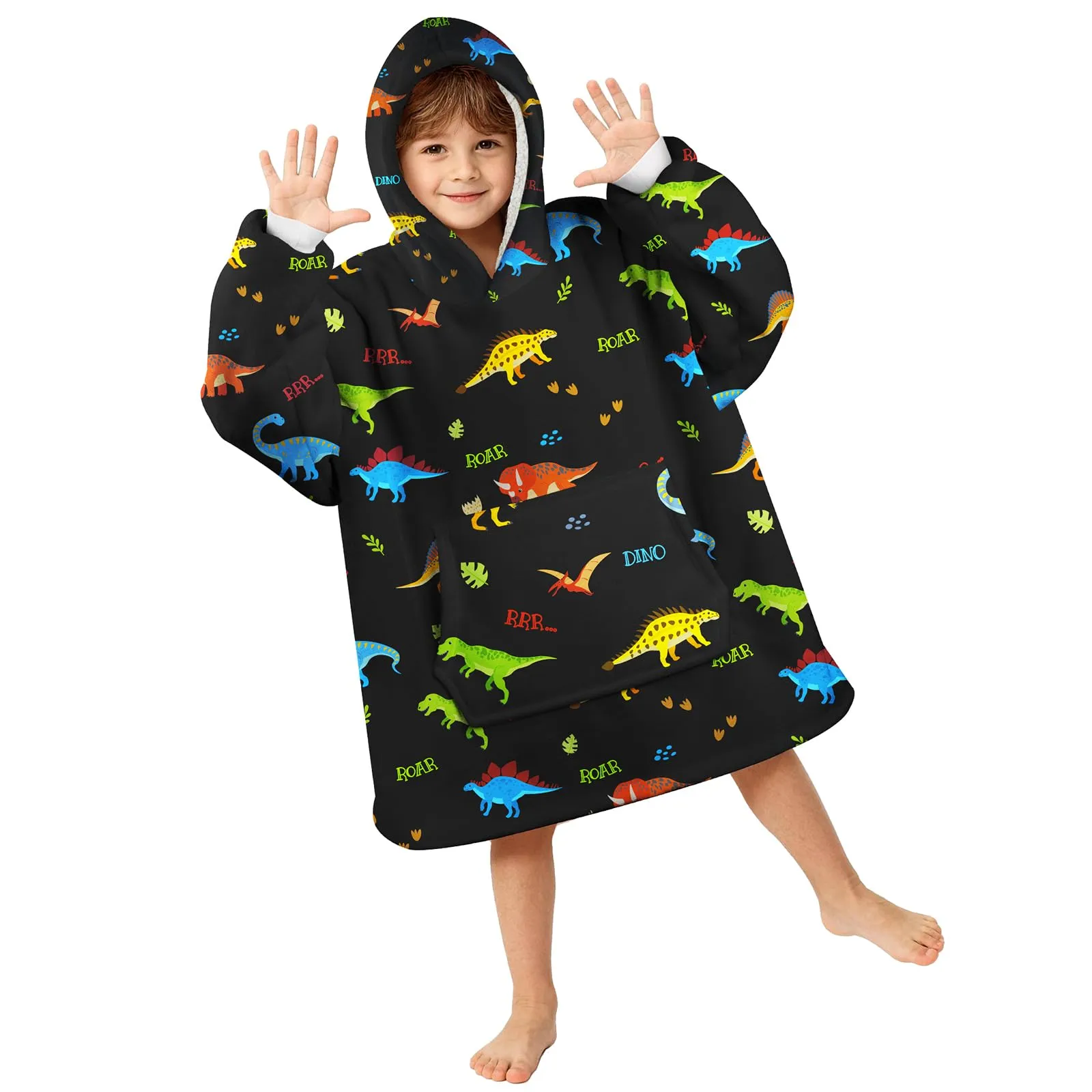 Queenshin Felpa Coperta con Cappuccio Oversize Dinosauro Nero per Bambini - immagine 1