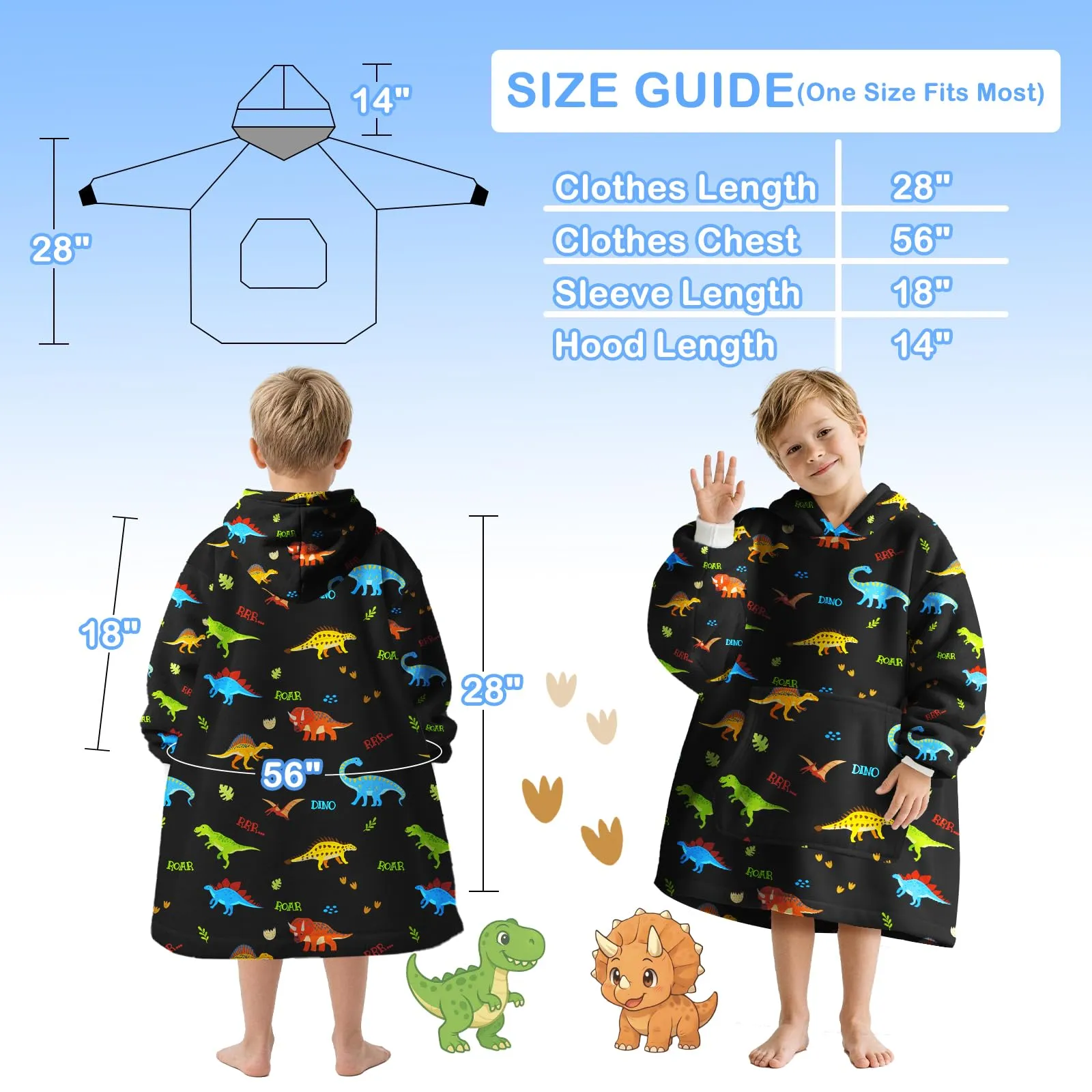 Queenshin Felpa Coperta con Cappuccio Oversize Dinosauro Nero per Bambini - immagine 2