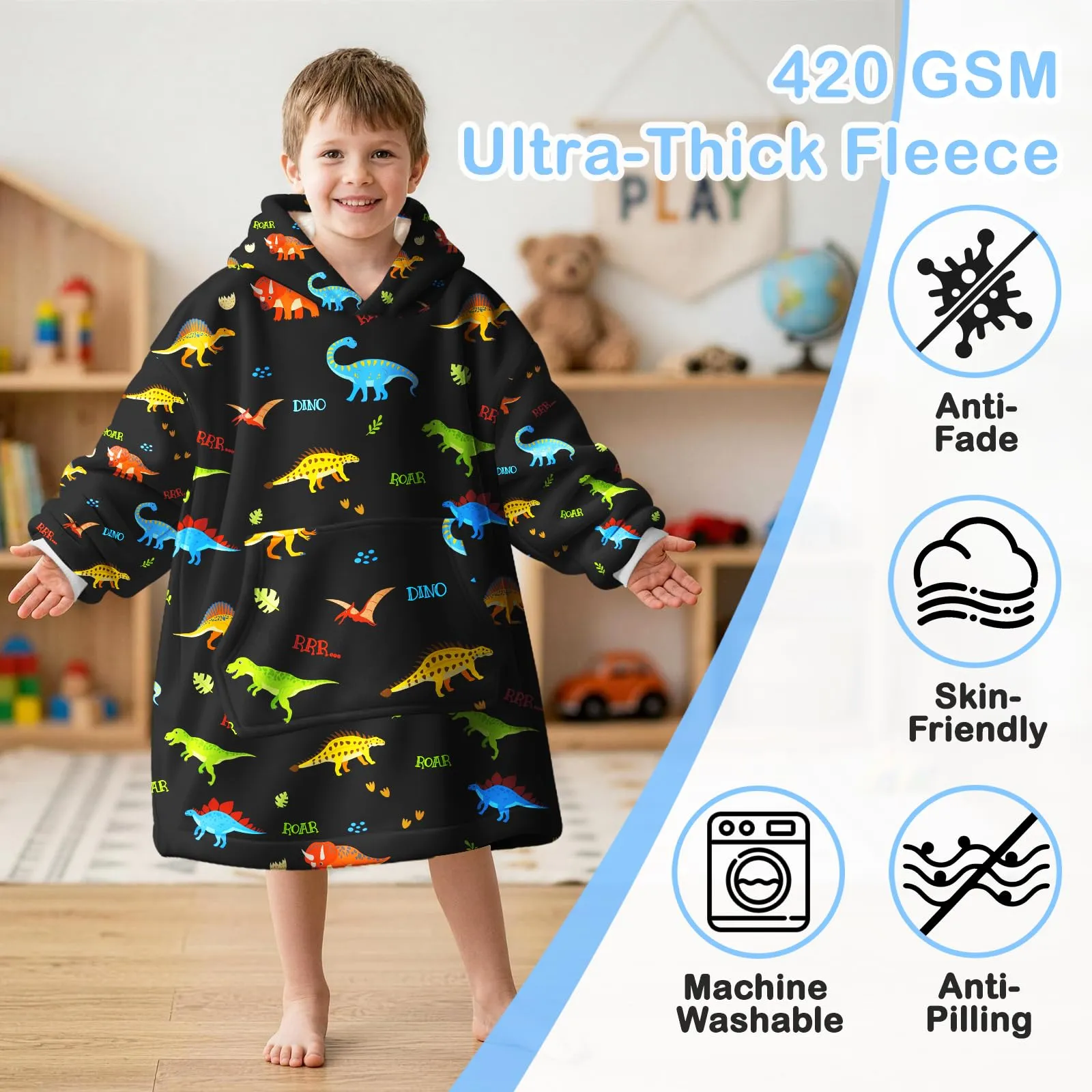 Queenshin Felpa Coperta con Cappuccio Oversize Dinosauro Nero per Bambini - immagine 3