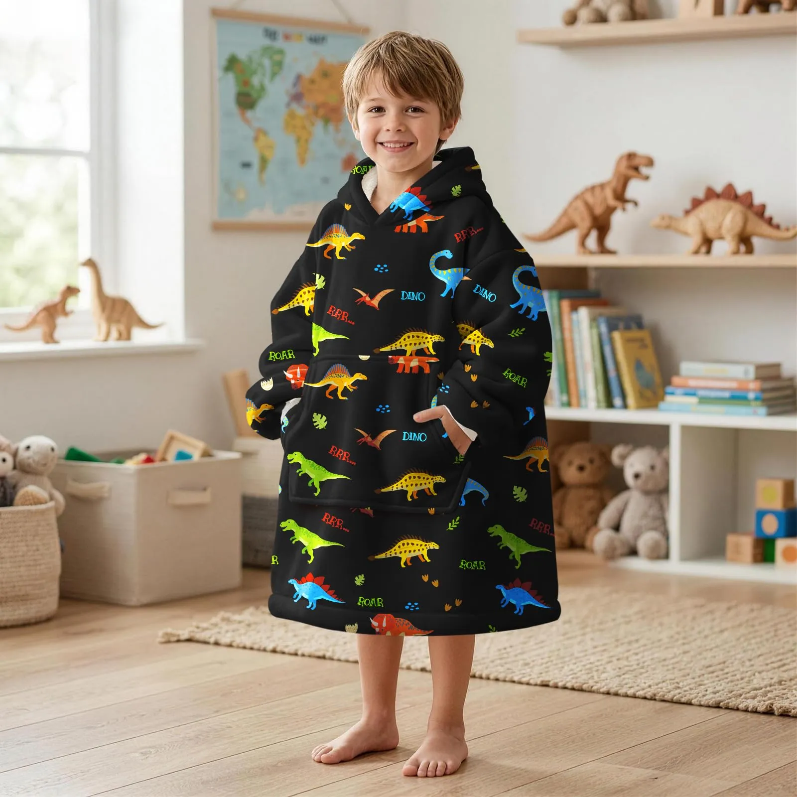 Queenshin Felpa Coperta con Cappuccio Oversize Dinosauro Nero per Bambini - immagine 4