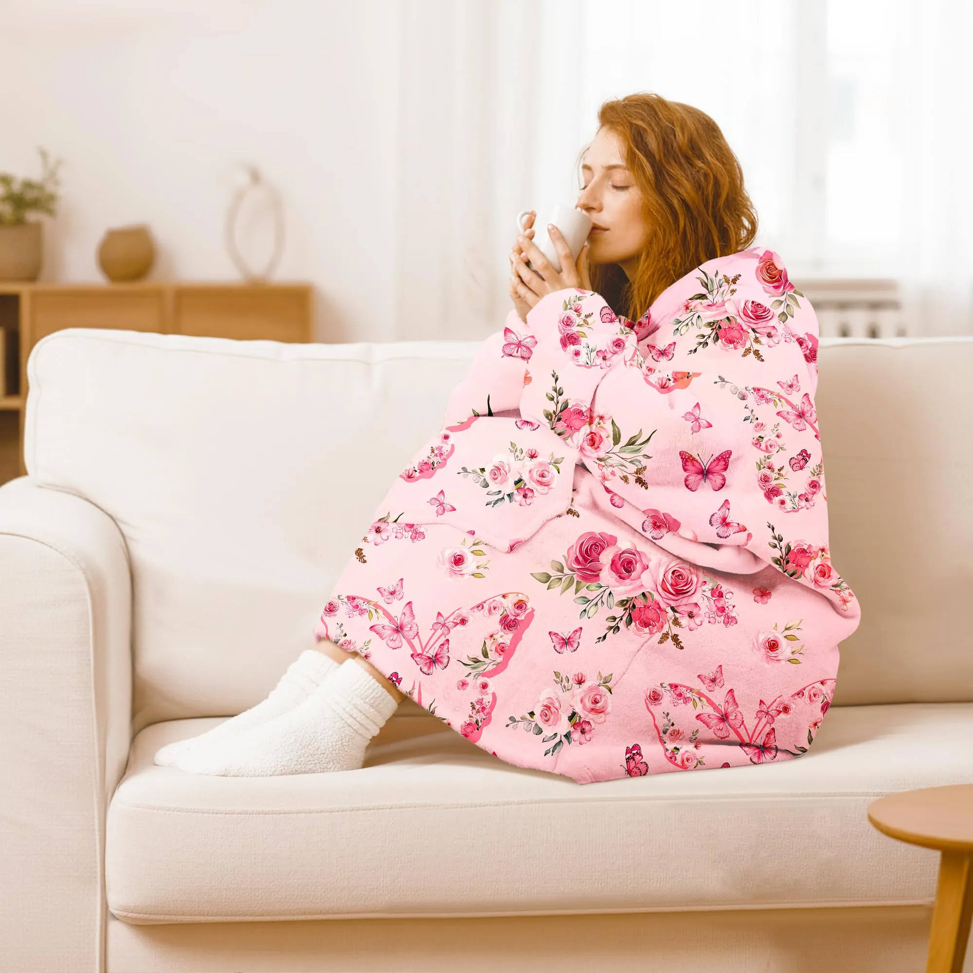 Queenshin Felpa Coperta con Cappuccio e Maniche Donna Oversize a Stampa Floreale Rosa - immagine 2
