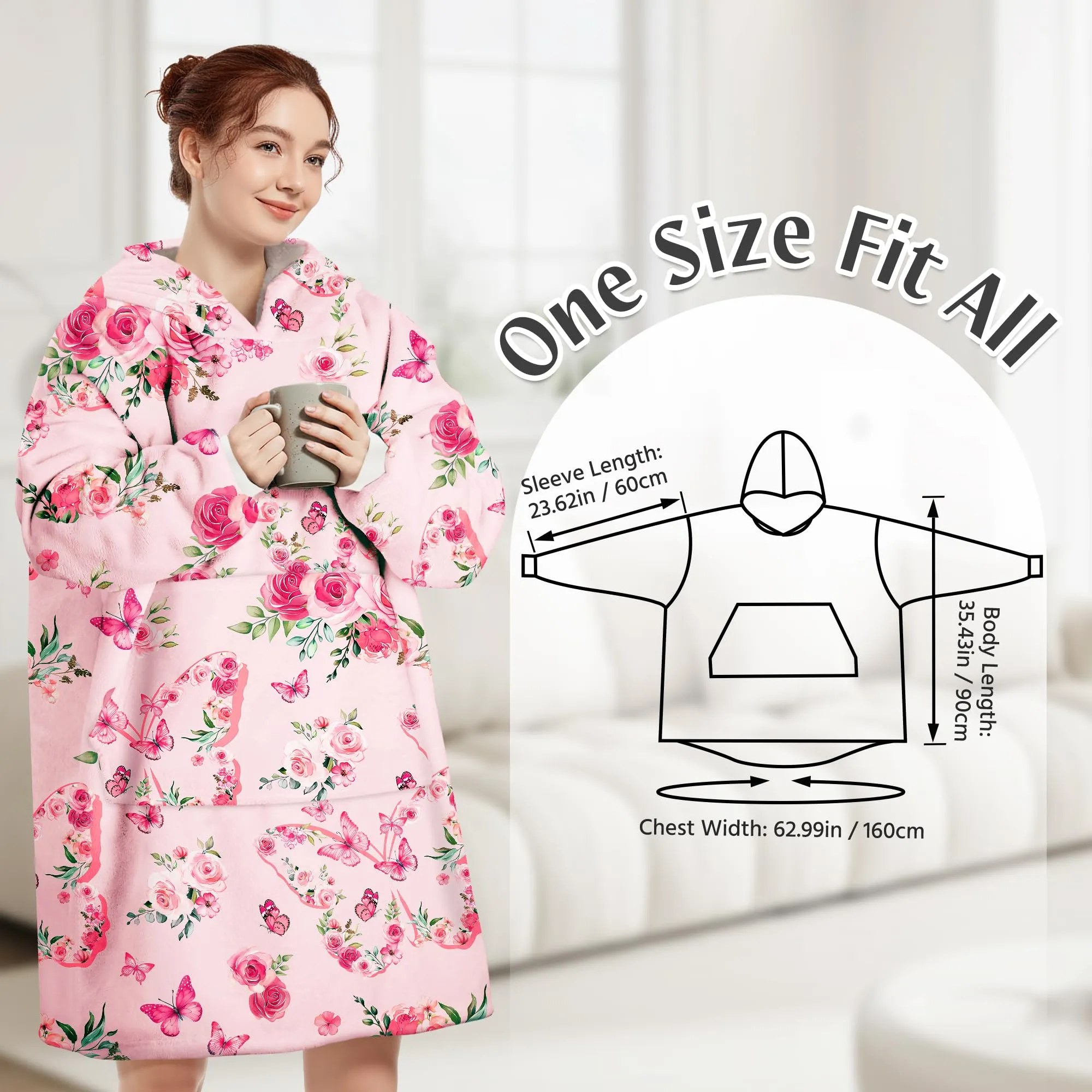 Queenshin Felpa Coperta con Cappuccio e Maniche Donna Oversize a Stampa Floreale Rosa - immagine 3