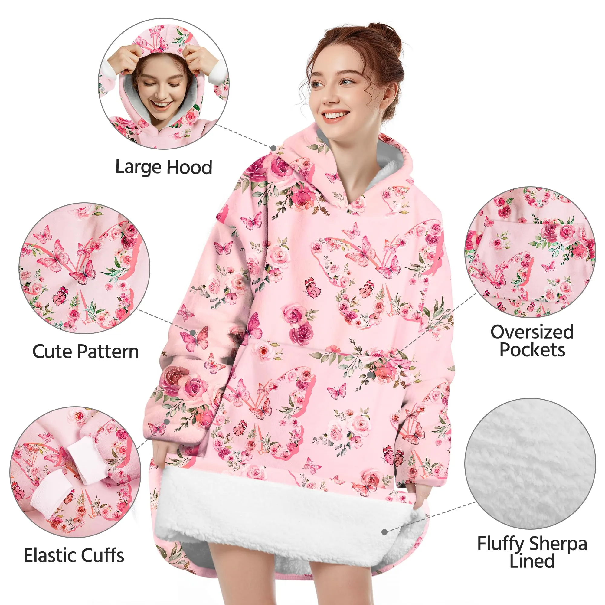 Queenshin Felpa Coperta con Cappuccio e Maniche Donna Oversize a Stampa Floreale Rosa - immagine 4