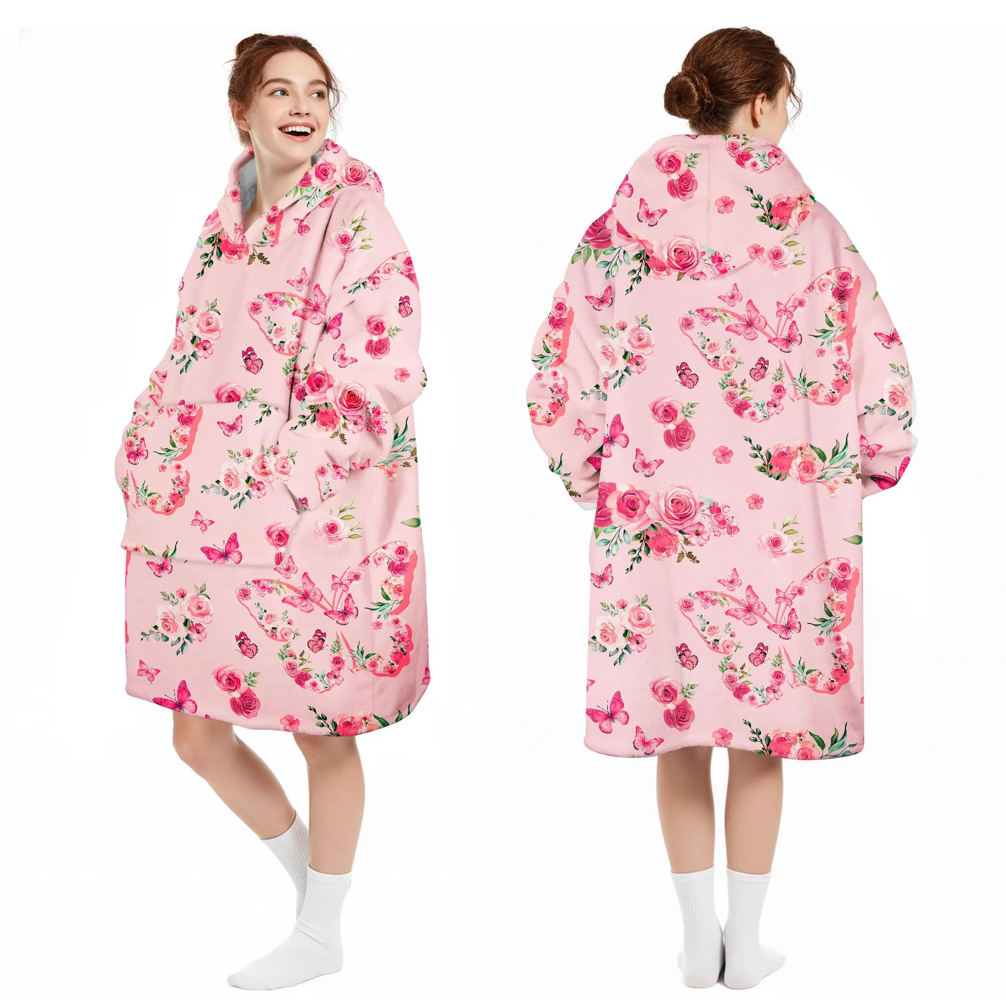 Queenshin Felpa Coperta con Cappuccio e Maniche Donna Oversize a Stampa Floreale Rosa - immagine 5