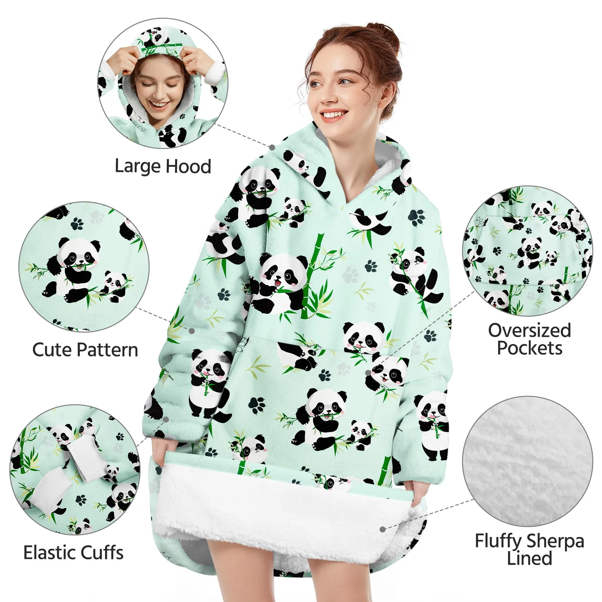 Queenshin Felpa Coperta con Cappuccio e Maniche Panda Oversize Hoodie - immagine 4