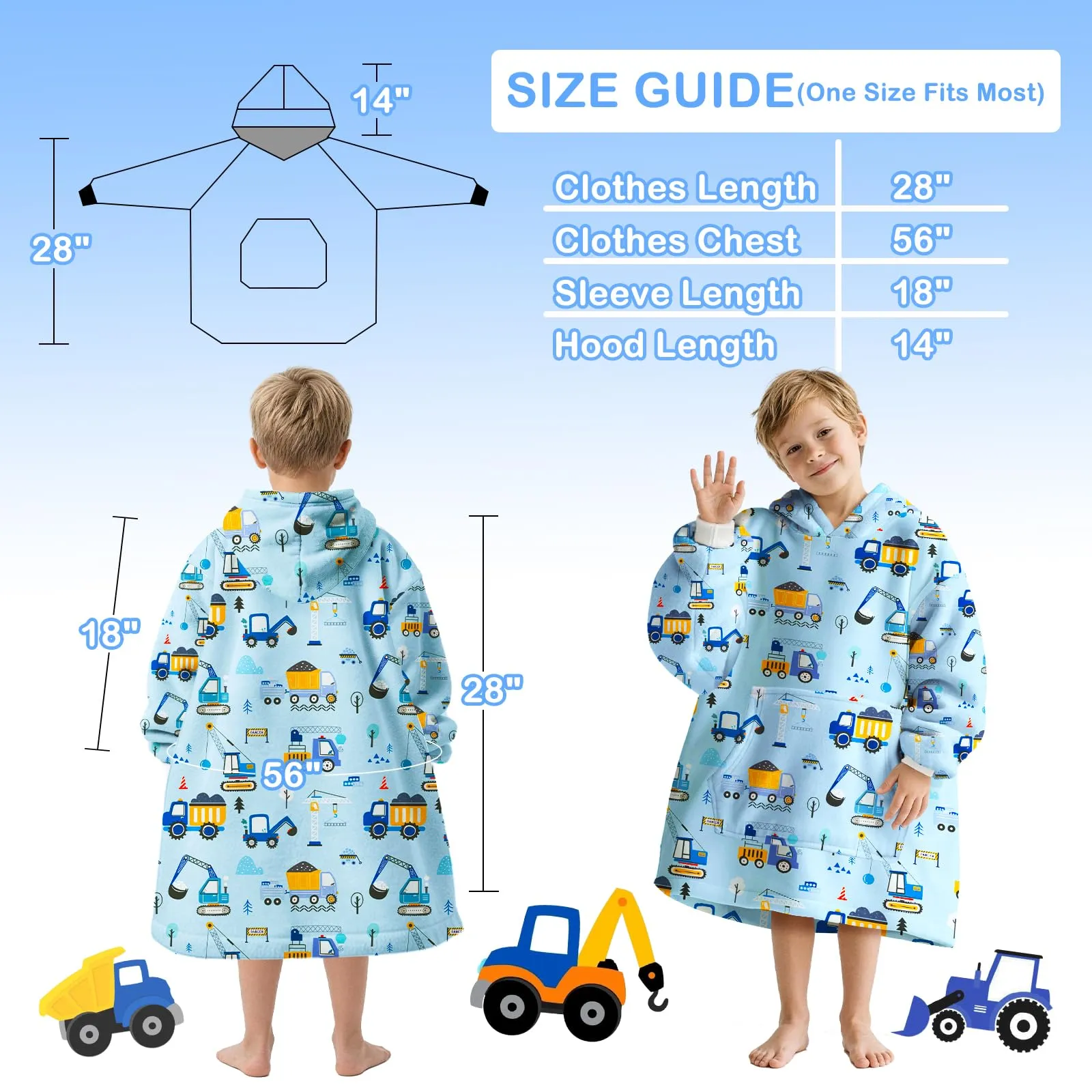 Queenshin Felpa Coperta con Cappuccio per Bambini, Design Escavatore Blu, Taglia Unica - immagine 2