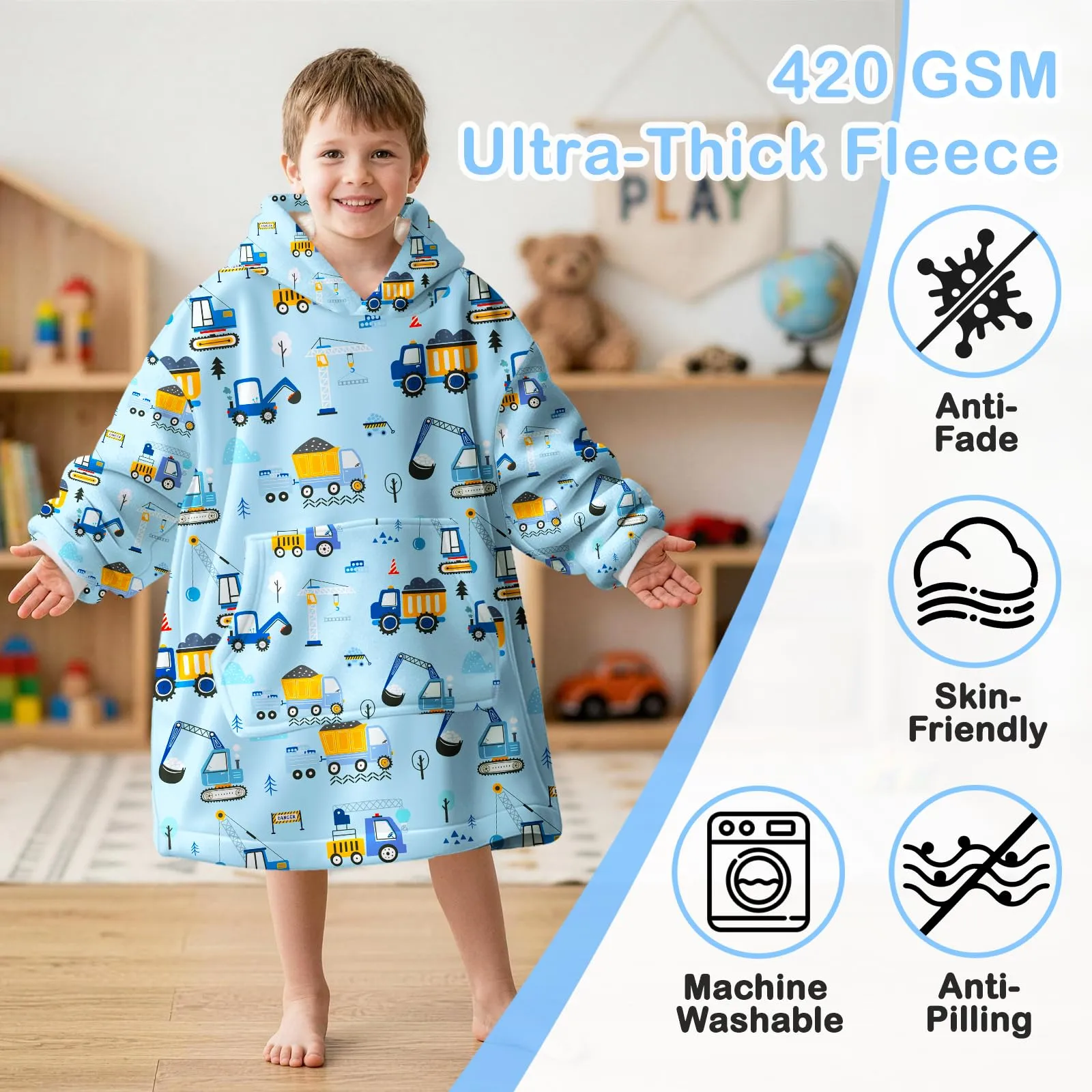 Queenshin Felpa Coperta con Cappuccio per Bambini, Design Escavatore Blu, Taglia Unica - immagine 3