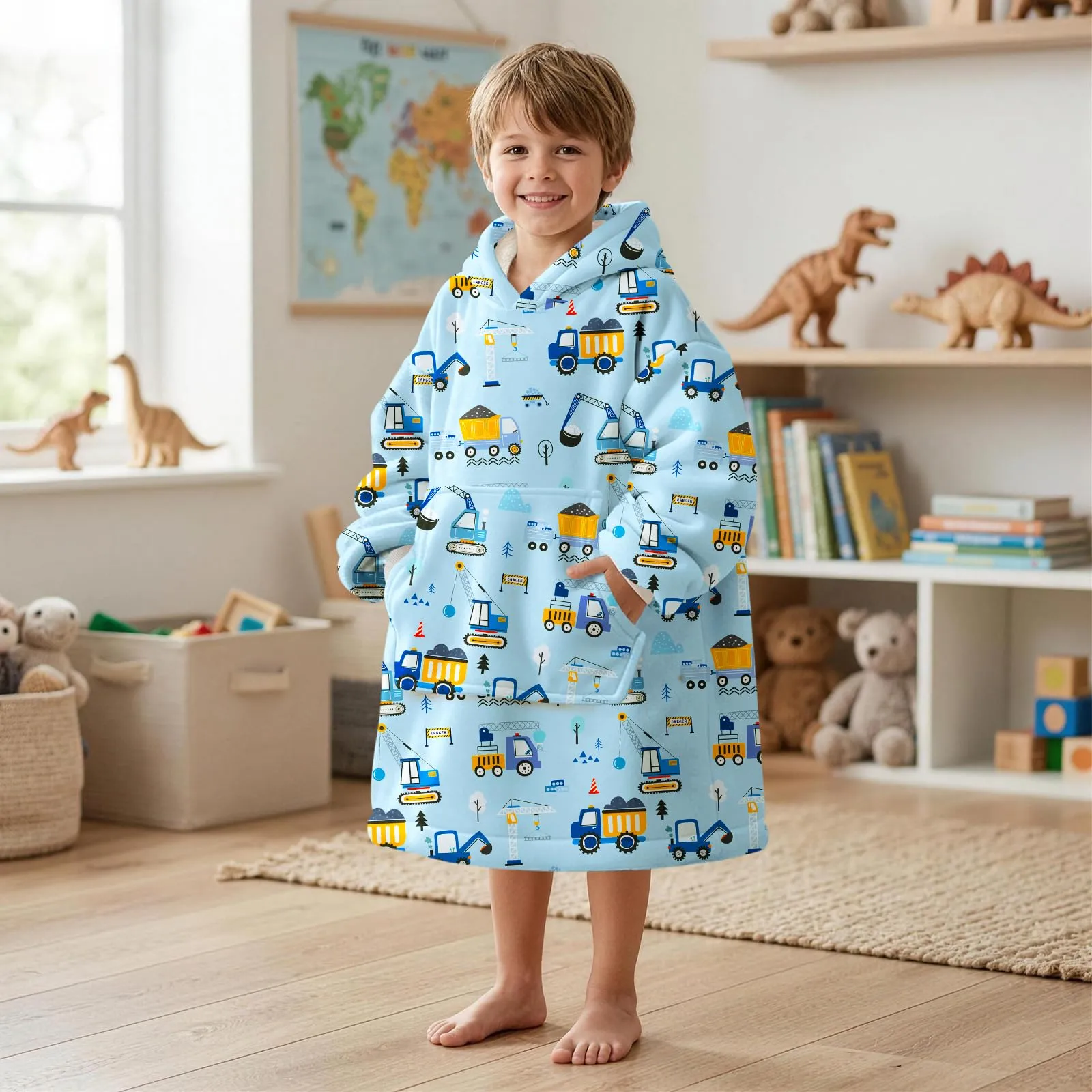 Queenshin Felpa Coperta con Cappuccio per Bambini, Design Escavatore Blu, Taglia Unica - immagine 4