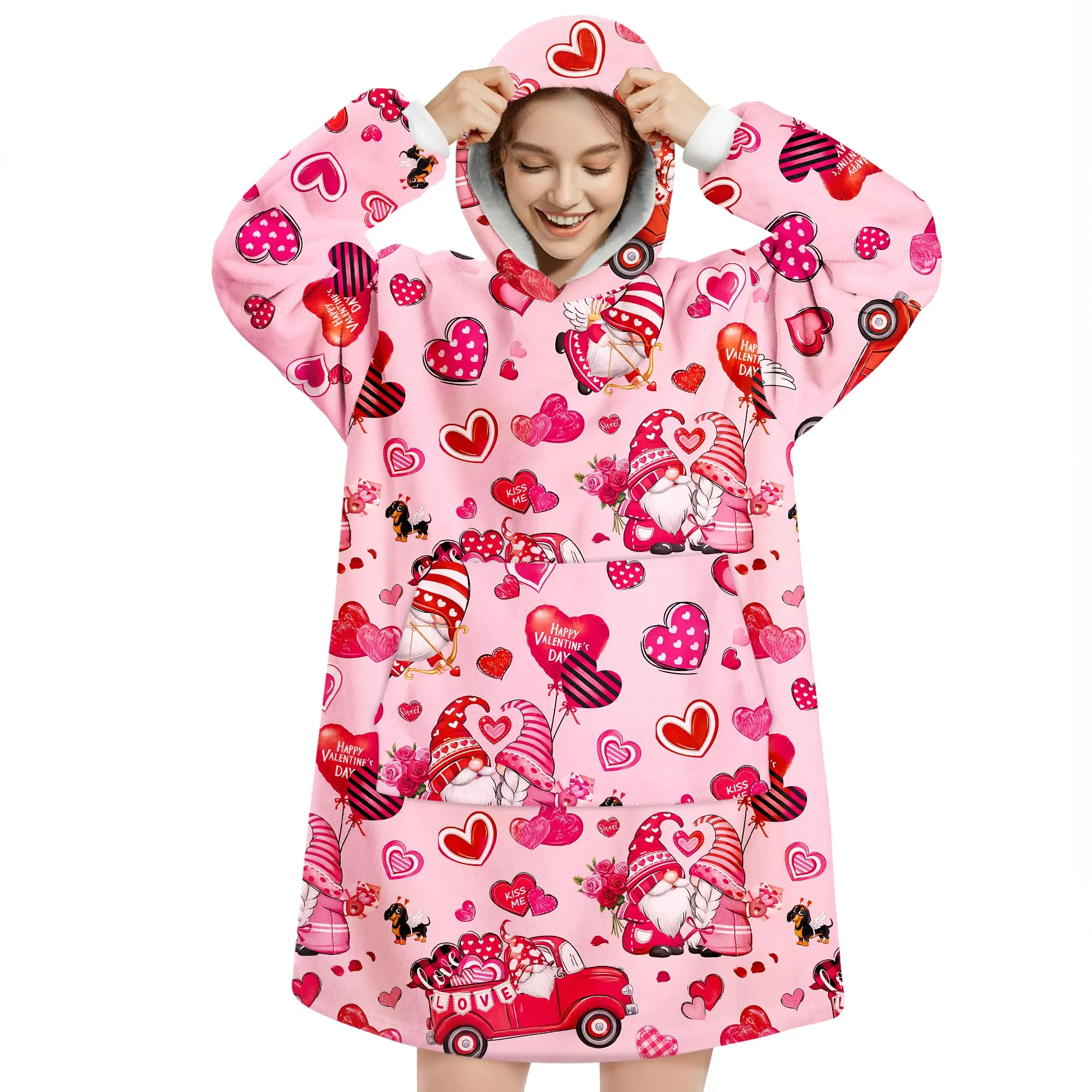 Queenshin Felpa Coperta con Cappuccio e Maniche Donna Oversize Rosa con Stampa Gnomi di San Valentino - immagine 1