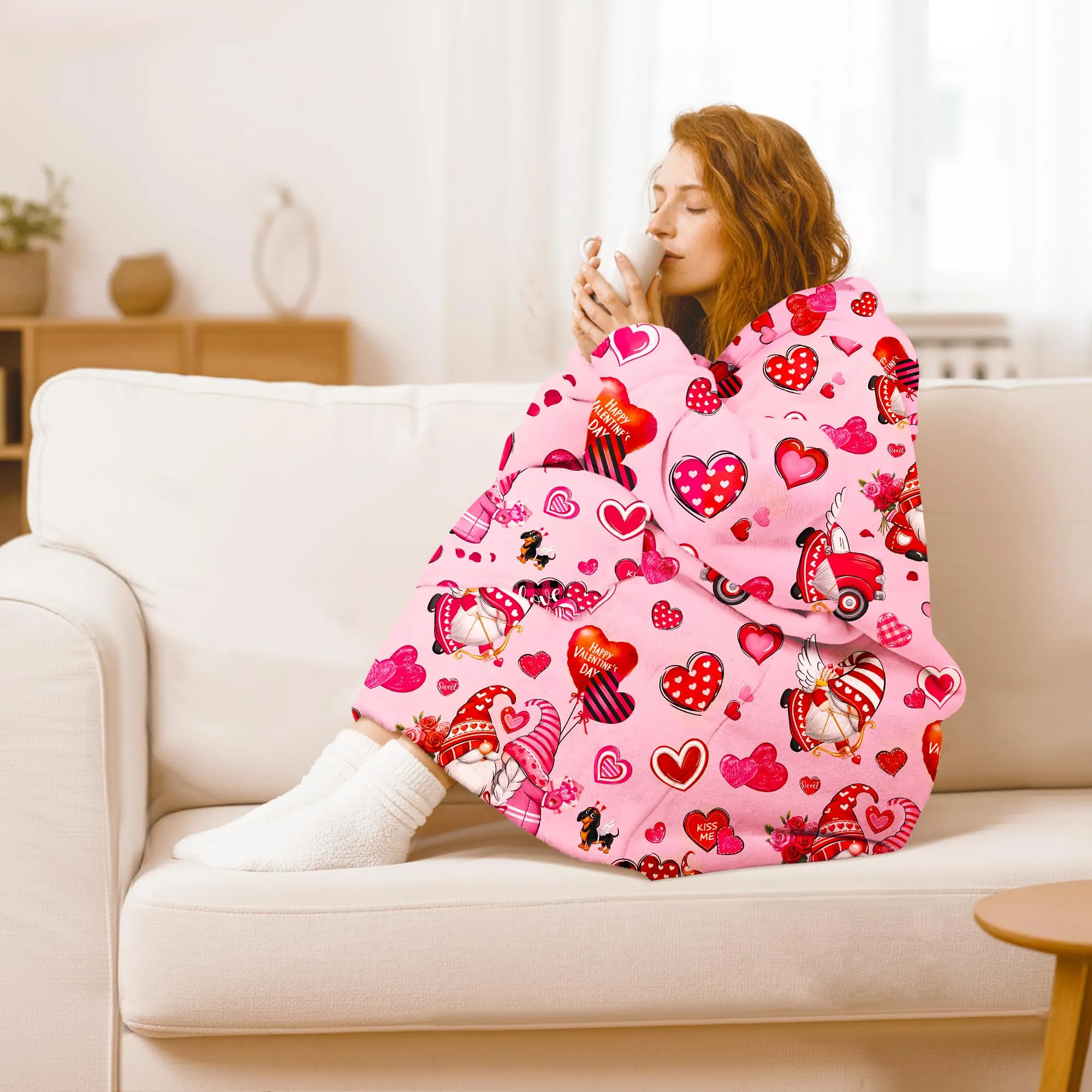 Queenshin Felpa Coperta con Cappuccio e Maniche Donna Oversize Rosa con Stampa Gnomi di San Valentino - immagine 2