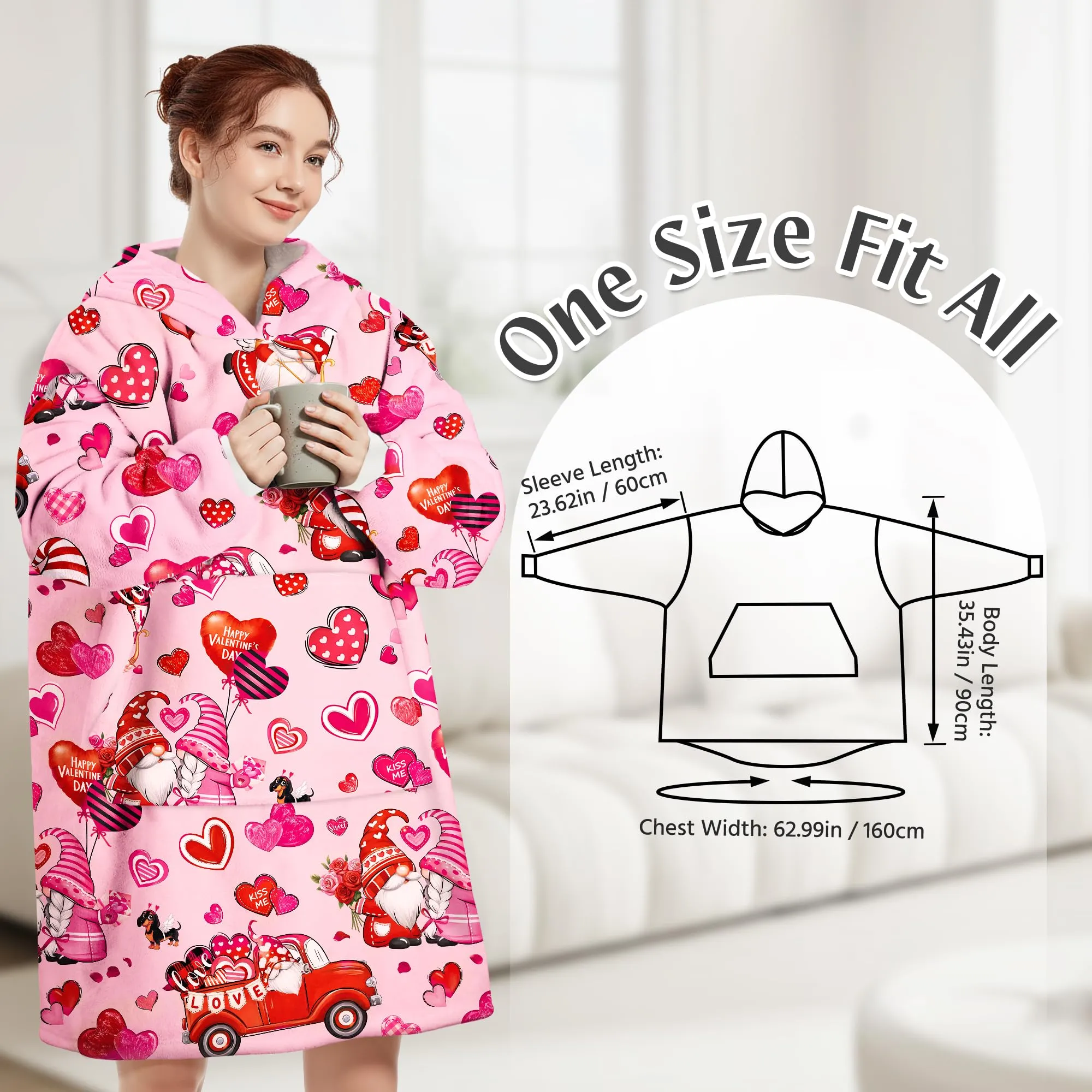 Queenshin Felpa Coperta con Cappuccio e Maniche Donna Oversize Rosa con Stampa Gnomi di San Valentino - immagine 3